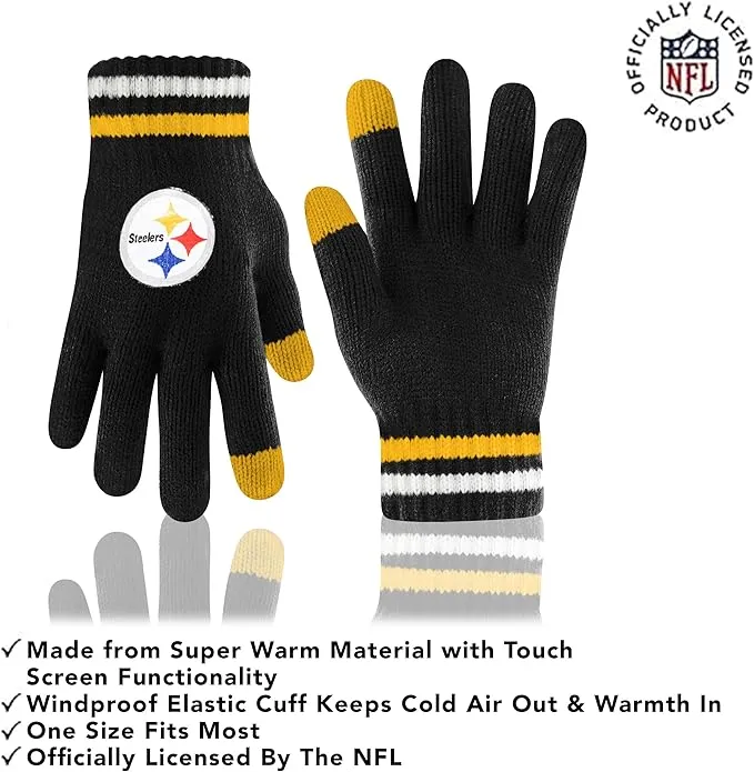 NFL Womens Super Soft Team Stripe Winter Beanie Knit Hat with Extra Warm Touch Screen Gloves|Pittsburgh Steelers