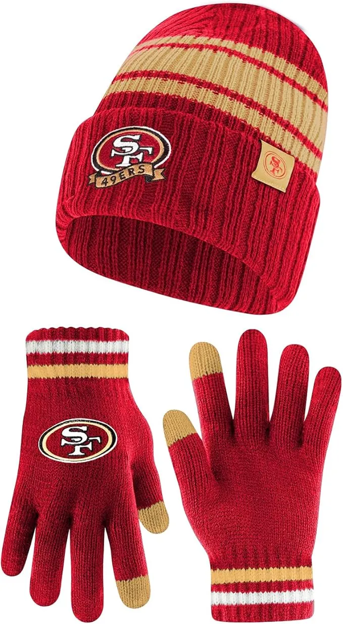 NFL  Womens Super Soft Team Stripe Winter Beanie Knit Hat with Extra Warm Touch Screen Gloves|San Francisco 49ers