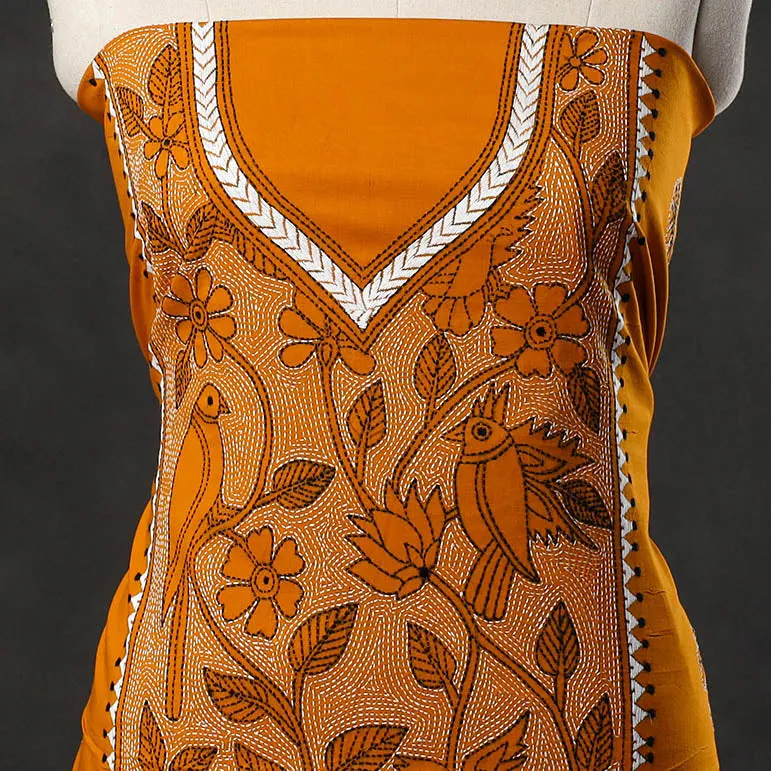 Orange - Bengal Kantha Embroidery Cotton Kurta Material - (2.7m) 23