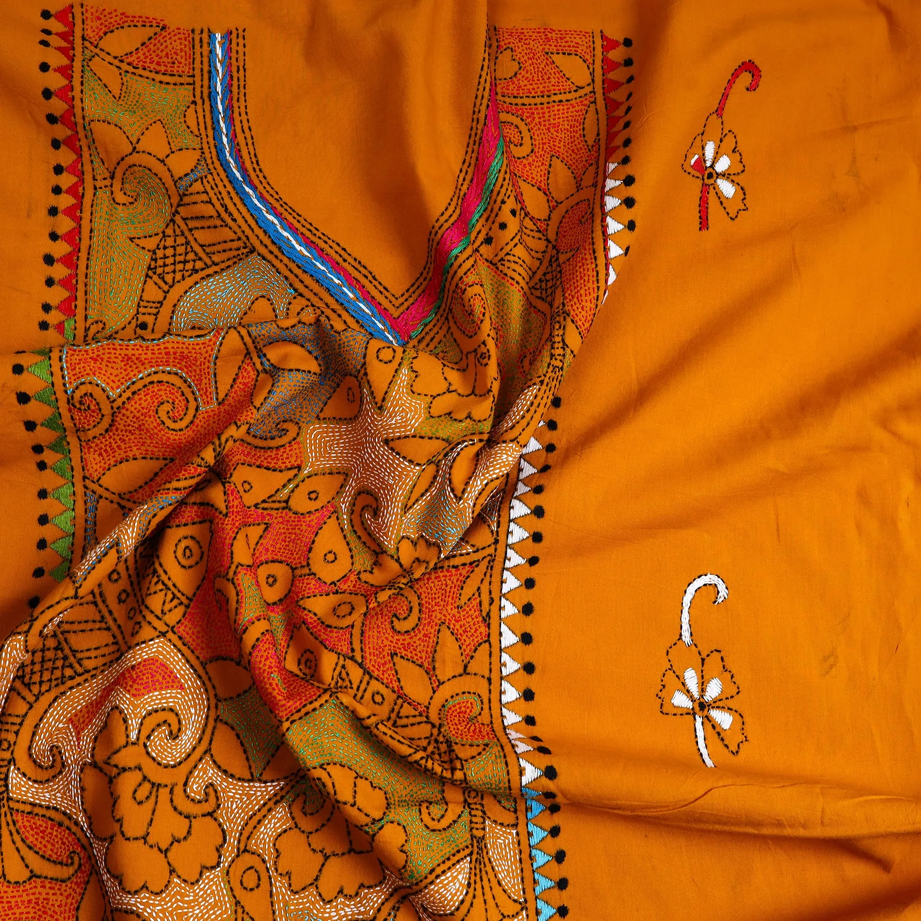 Orange - Bengal Kantha Embroidery Cotton Kurta Material - (2.7m) 24