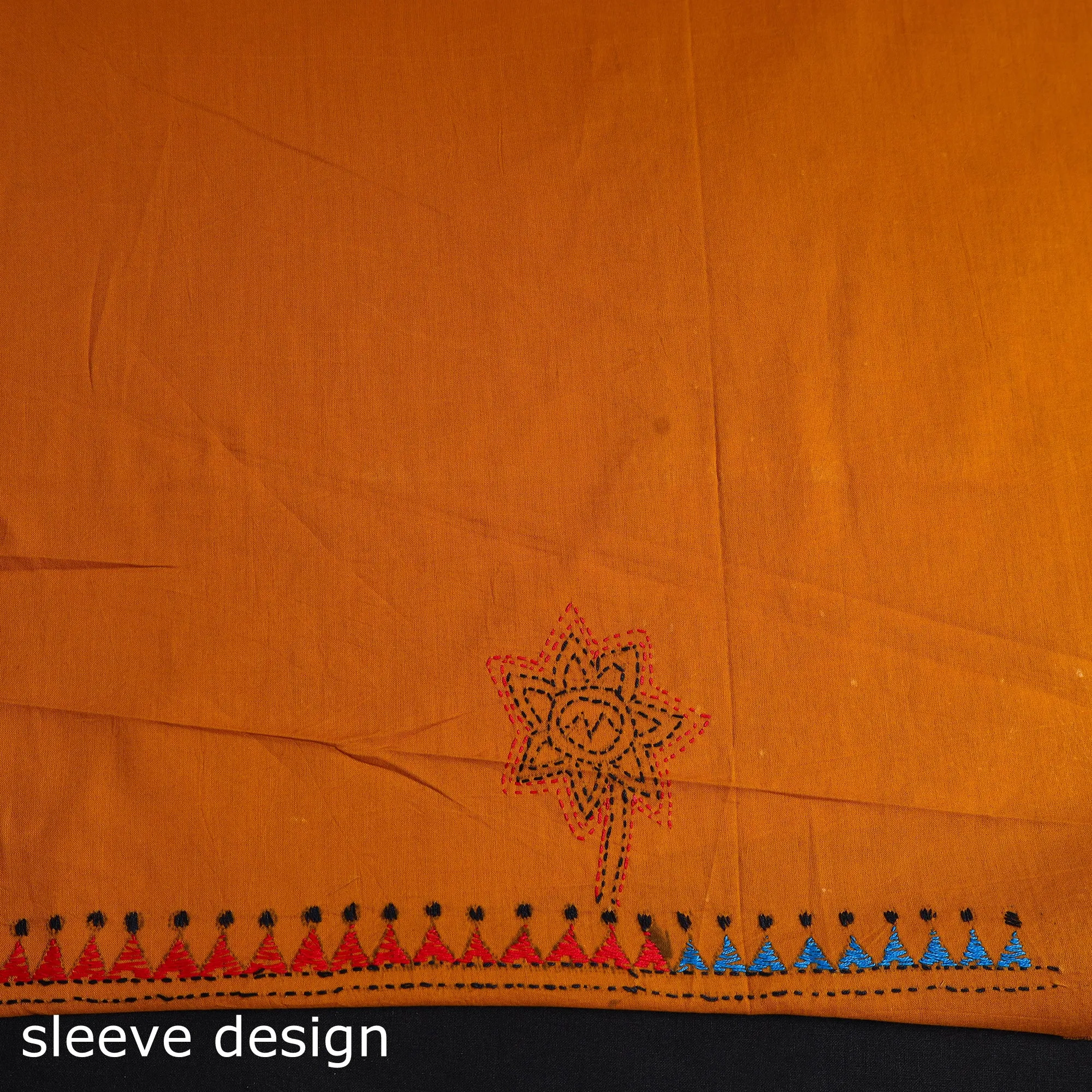 Orange - Bengal Kantha Embroidery Cotton Kurta Material - (2.8m) 14