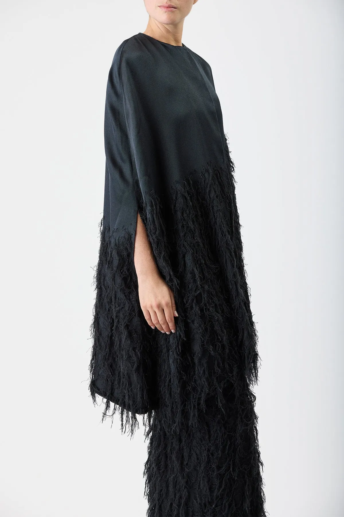 Pauli Feather Cape in Black Silk Satin