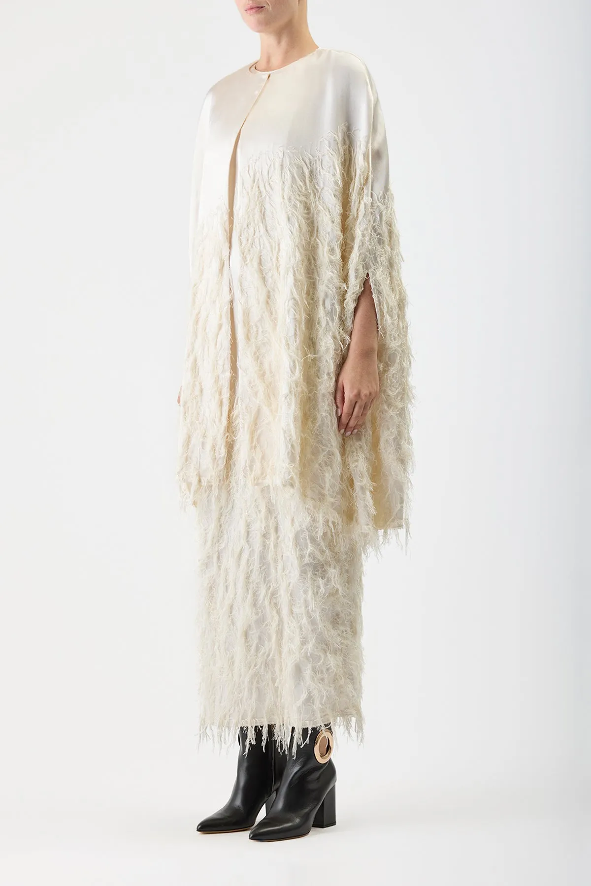 Pauli Feather Cape in Ivory Silk Satin