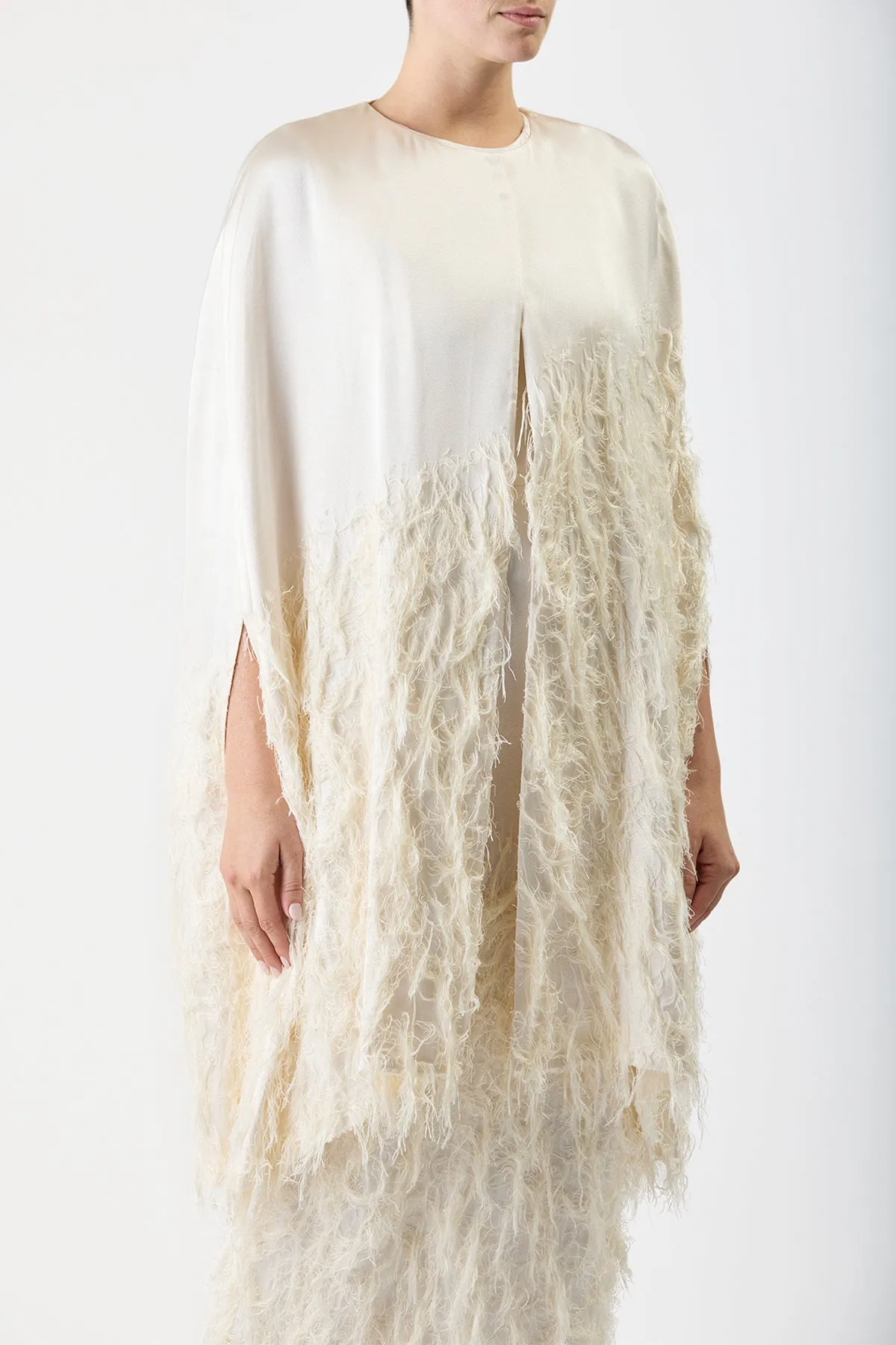 Pauli Feather Cape in Ivory Silk Satin