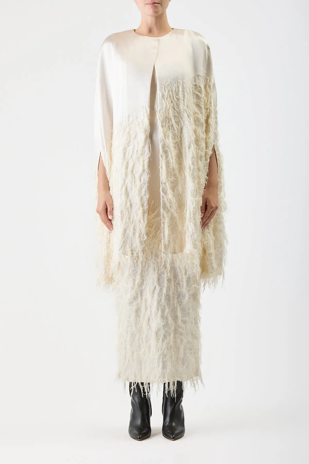 Pauli Feather Cape in Ivory Silk Satin