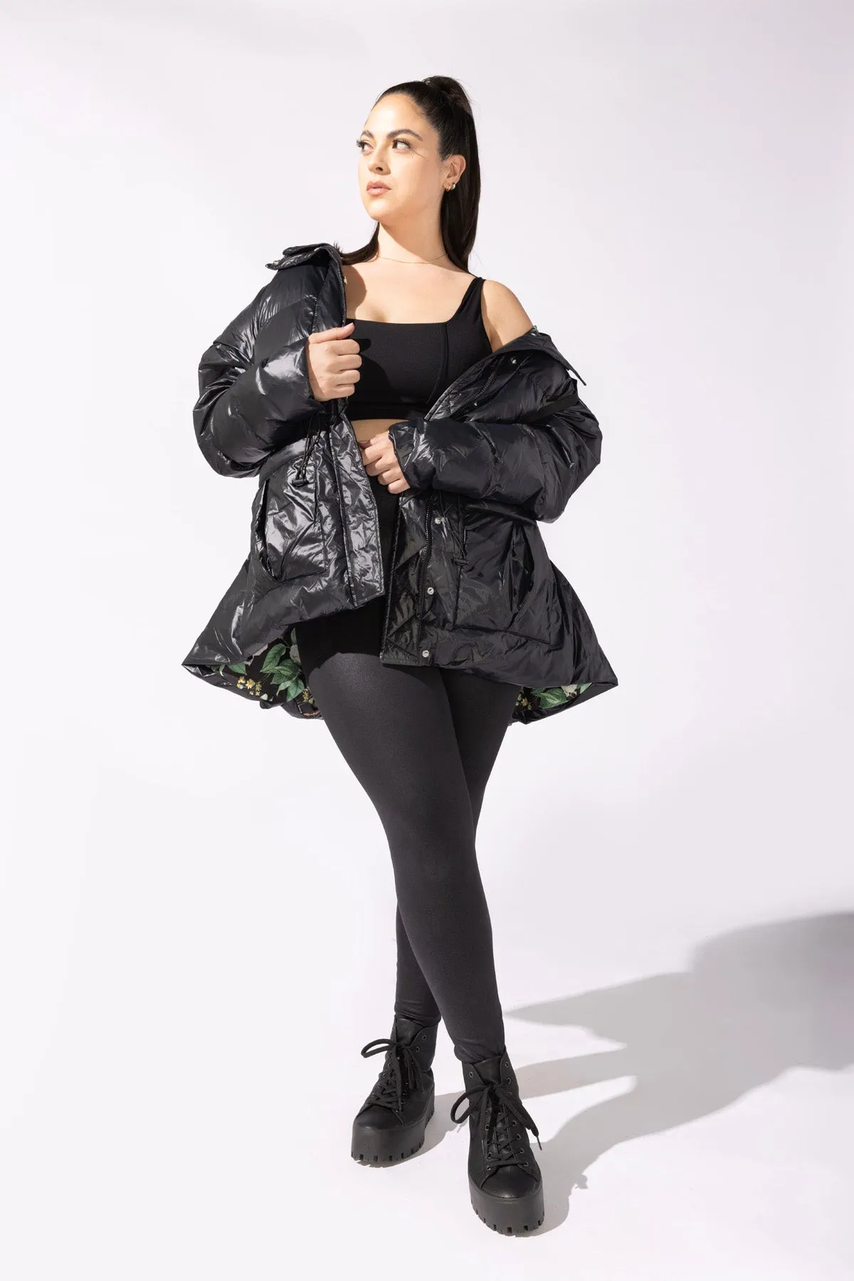 Pearl Peplum Puffer Jacket - Black