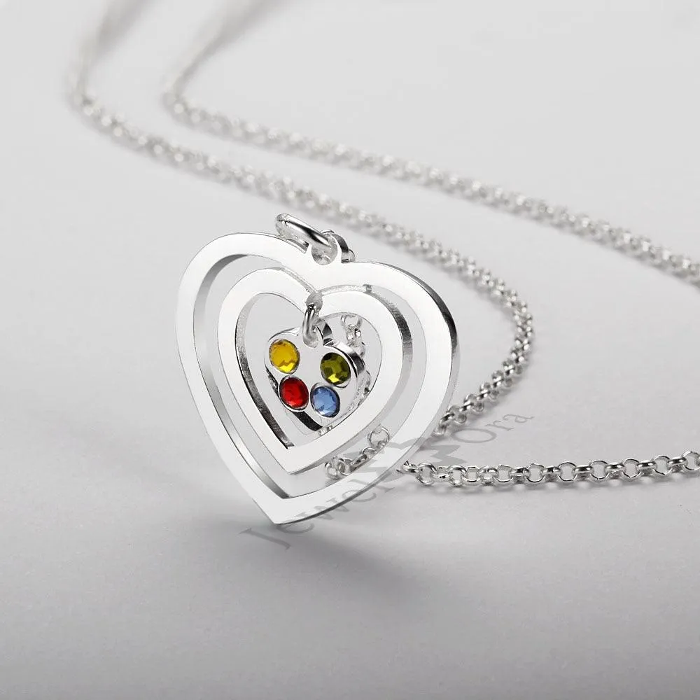 Personalized 925 Sterling Silver Hollow Heart Necklace, Four Name & Four Birthstone Engraved Heart Pendant, Jewelry Gift for Her