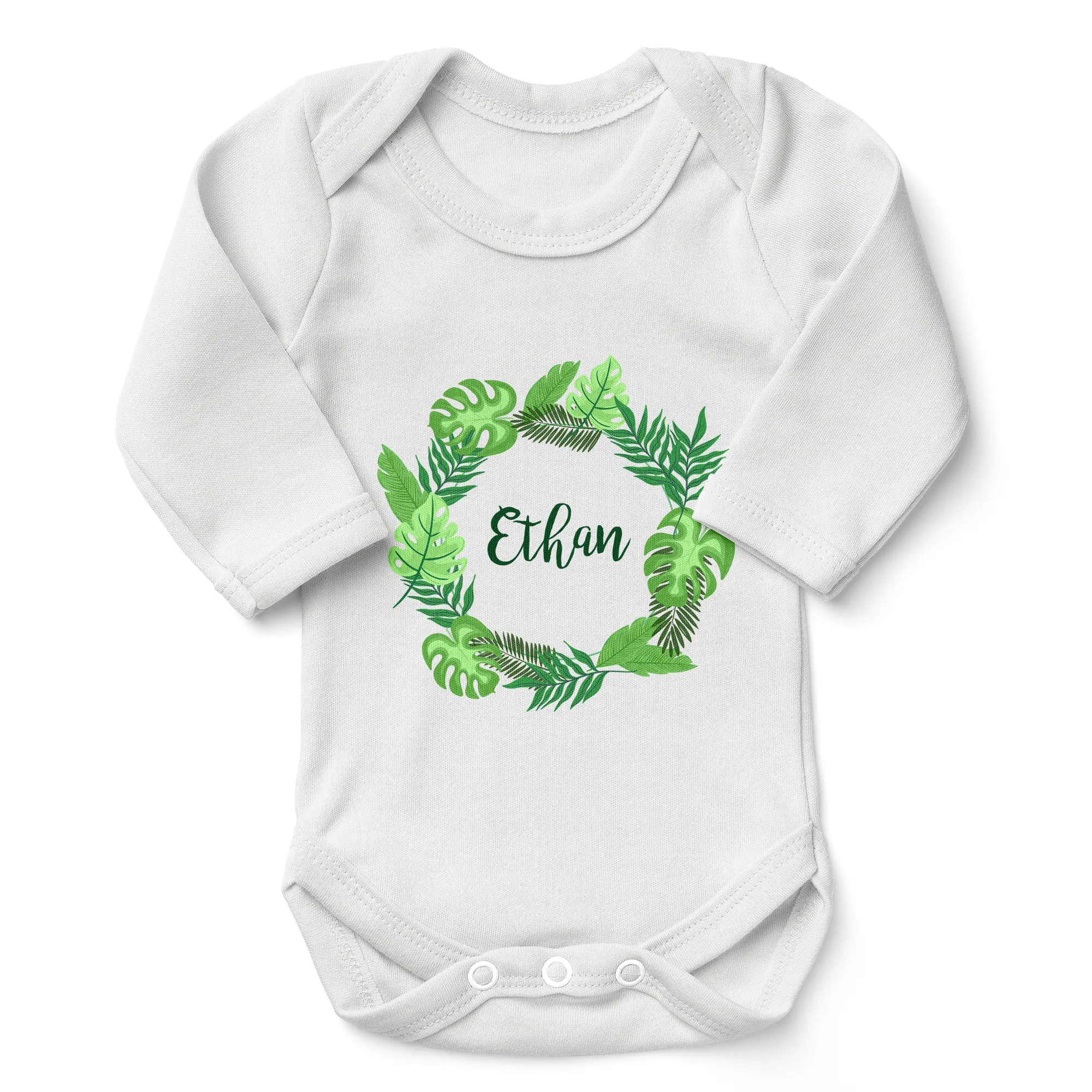 Personalized Organic Baby Bodysuit - Tropical Leaves (White / Long Sleeve)