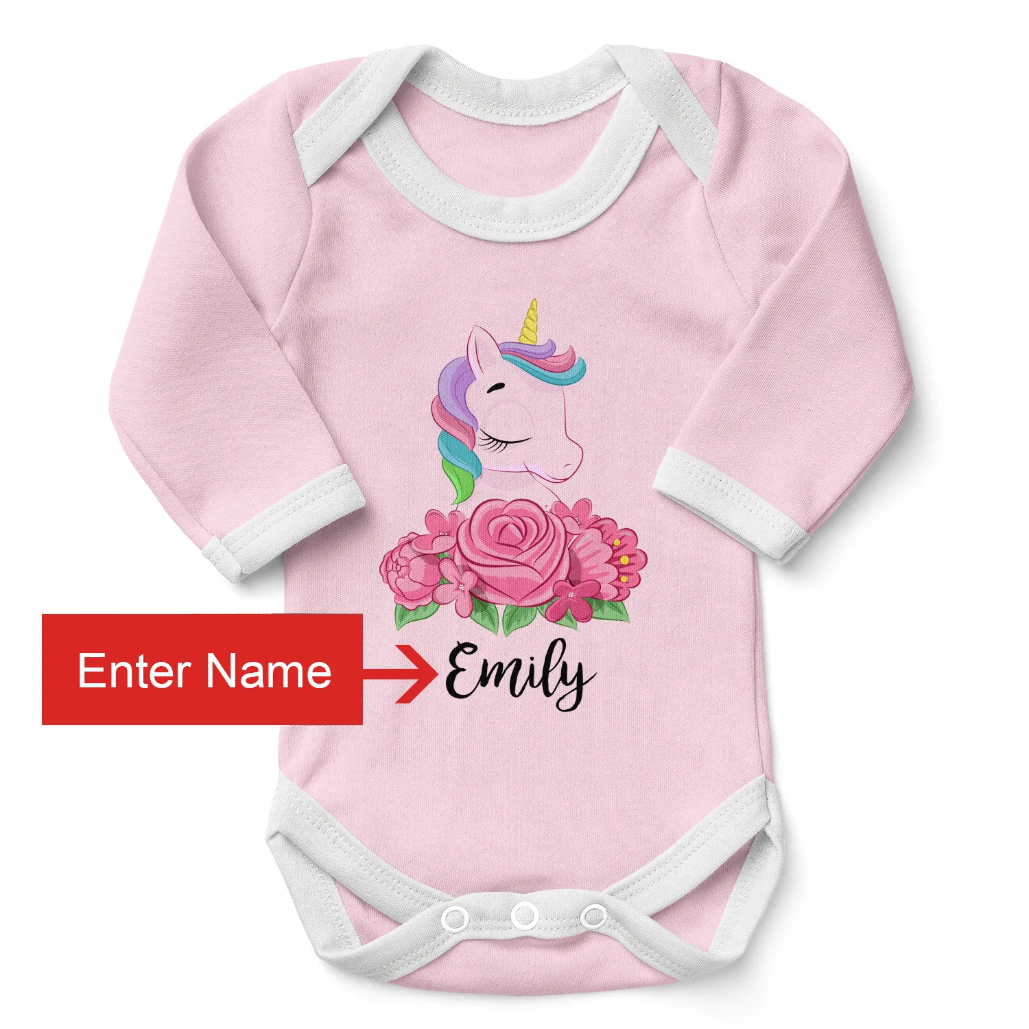 Personalized Organic Baby Bodysuit - Unicorn (Pink / Long Sleeve)