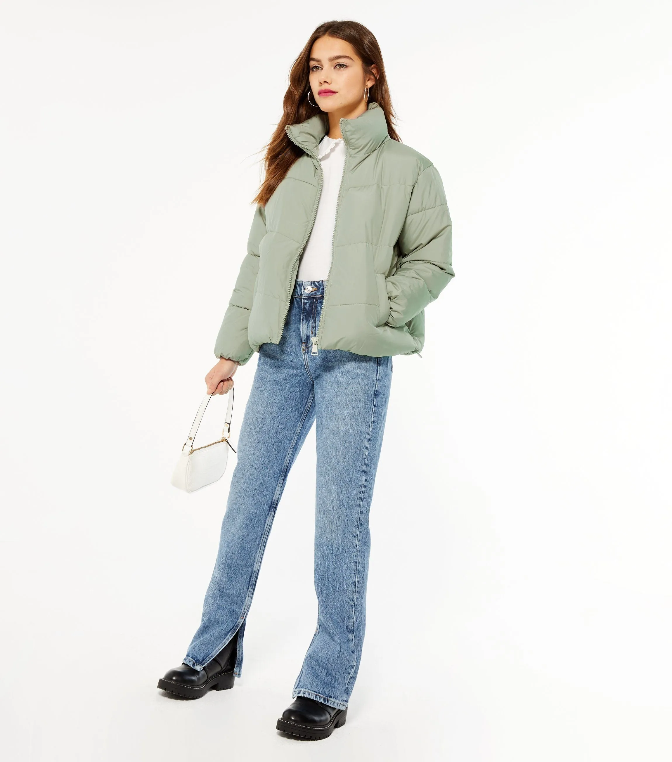 Petite Light Green Cropped Boxy Puffer Jacket