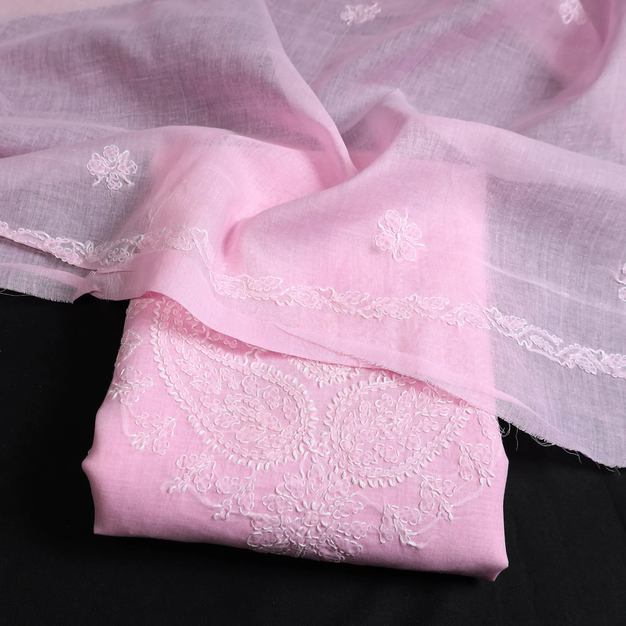 Pink - 3pc Hand Embroidery Cotton Chikankari Dress Material 29