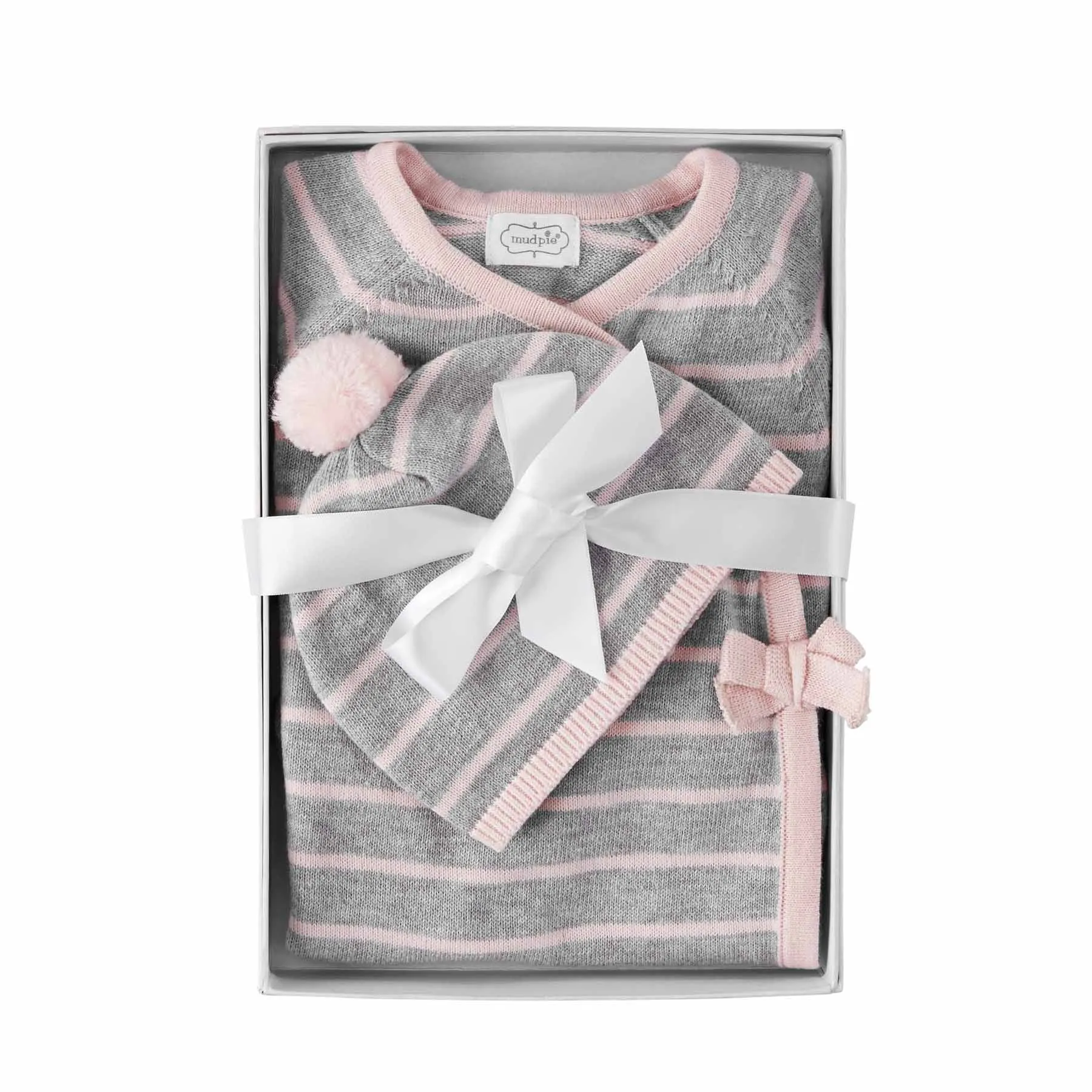 Pink Grey Knitted Kimono & Pom Hat Gift Set