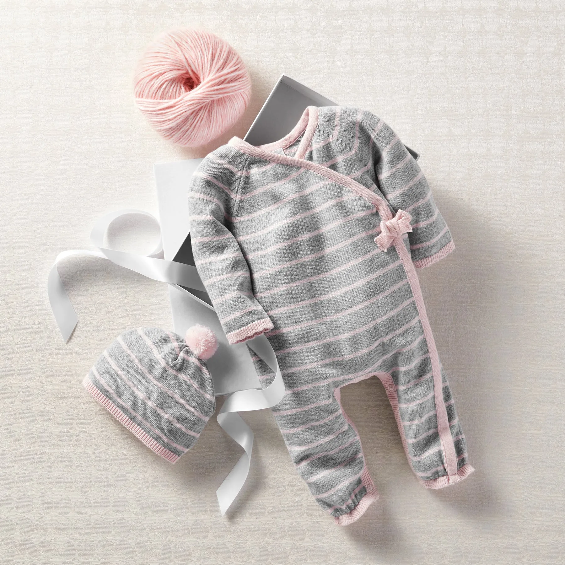 Pink Grey Knitted Kimono & Pom Hat Gift Set