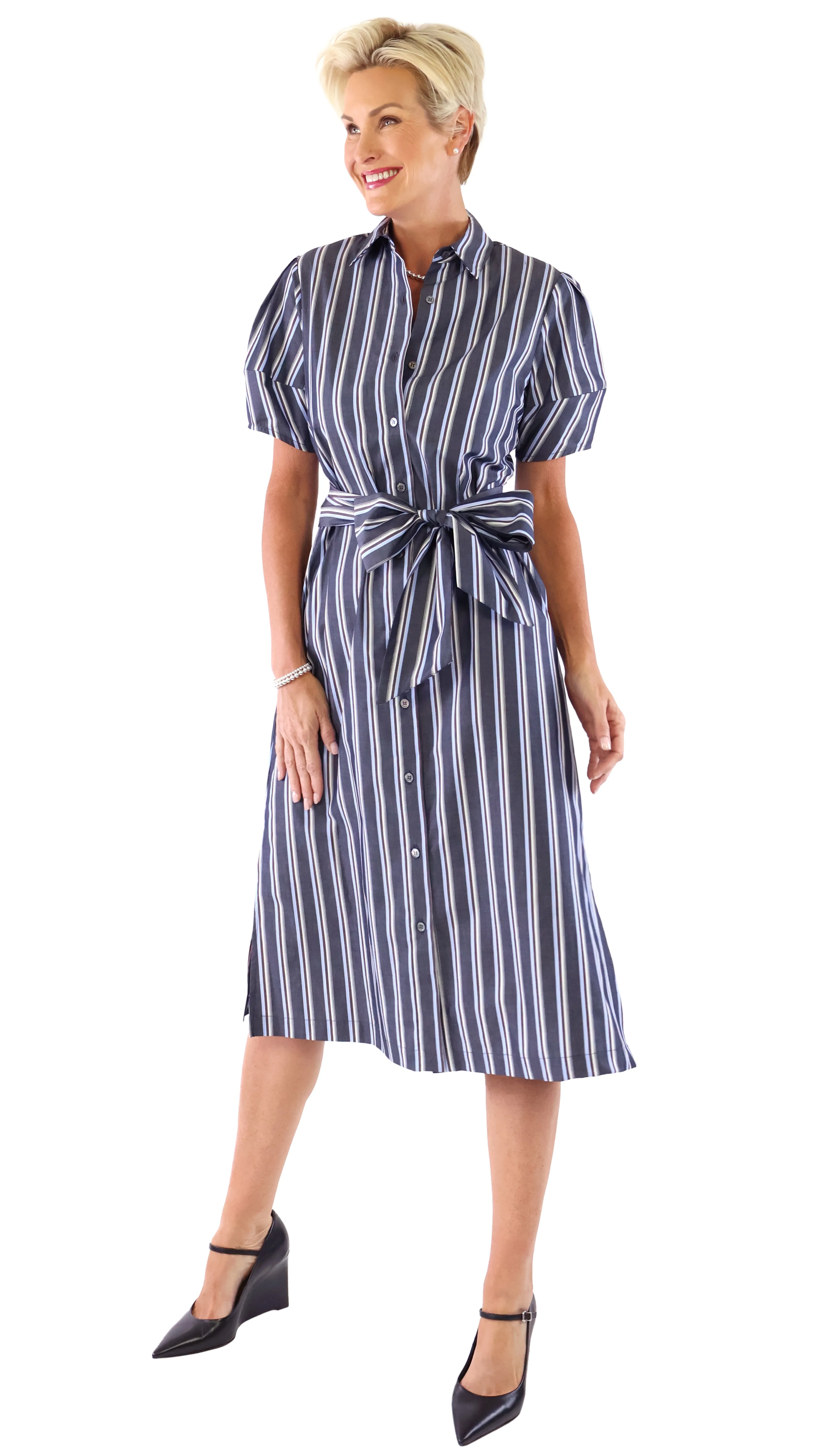 Pinstripe Shirt Dress - Navy/White/Wine