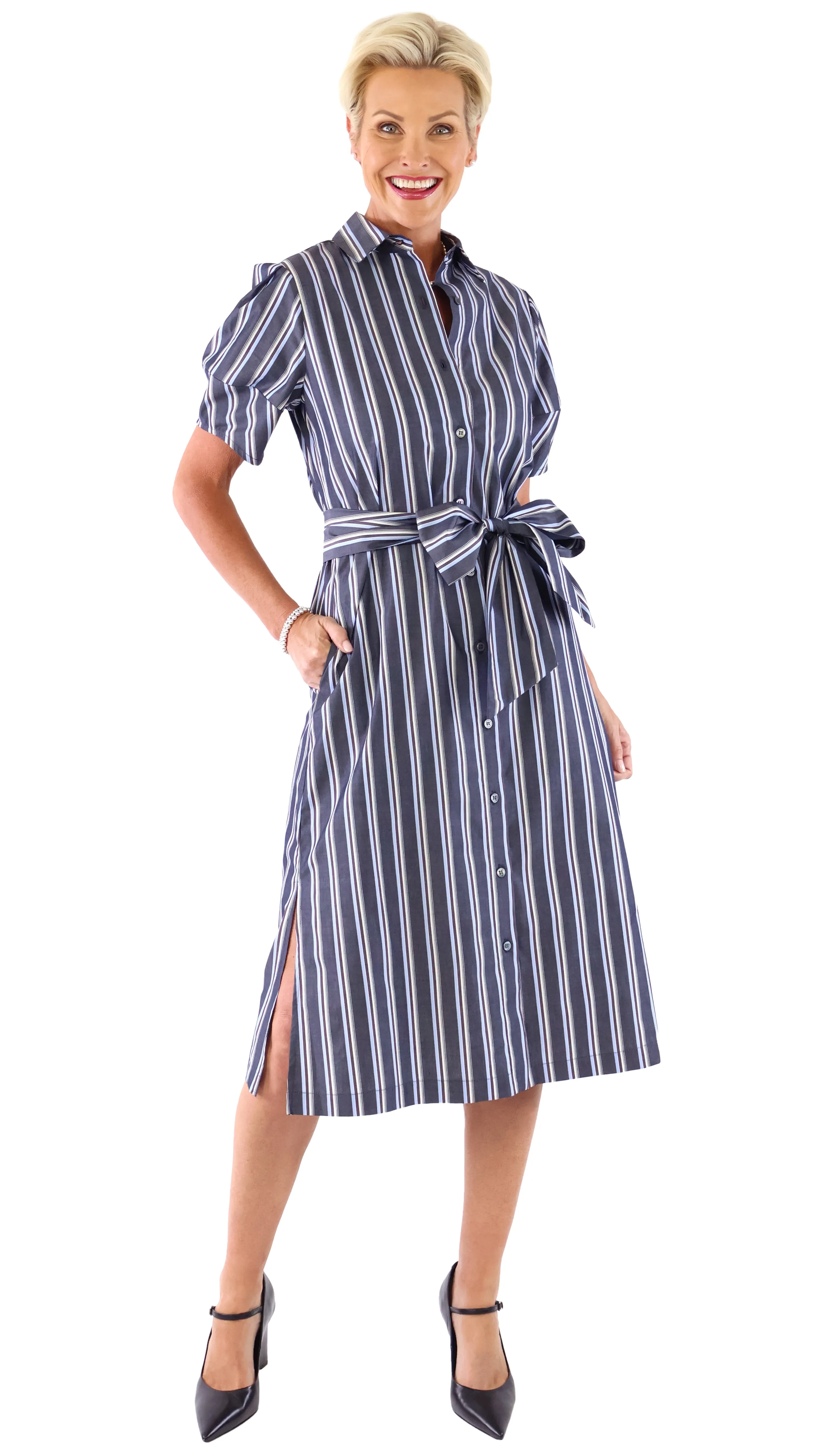 Pinstripe Shirt Dress - Navy/White/Wine