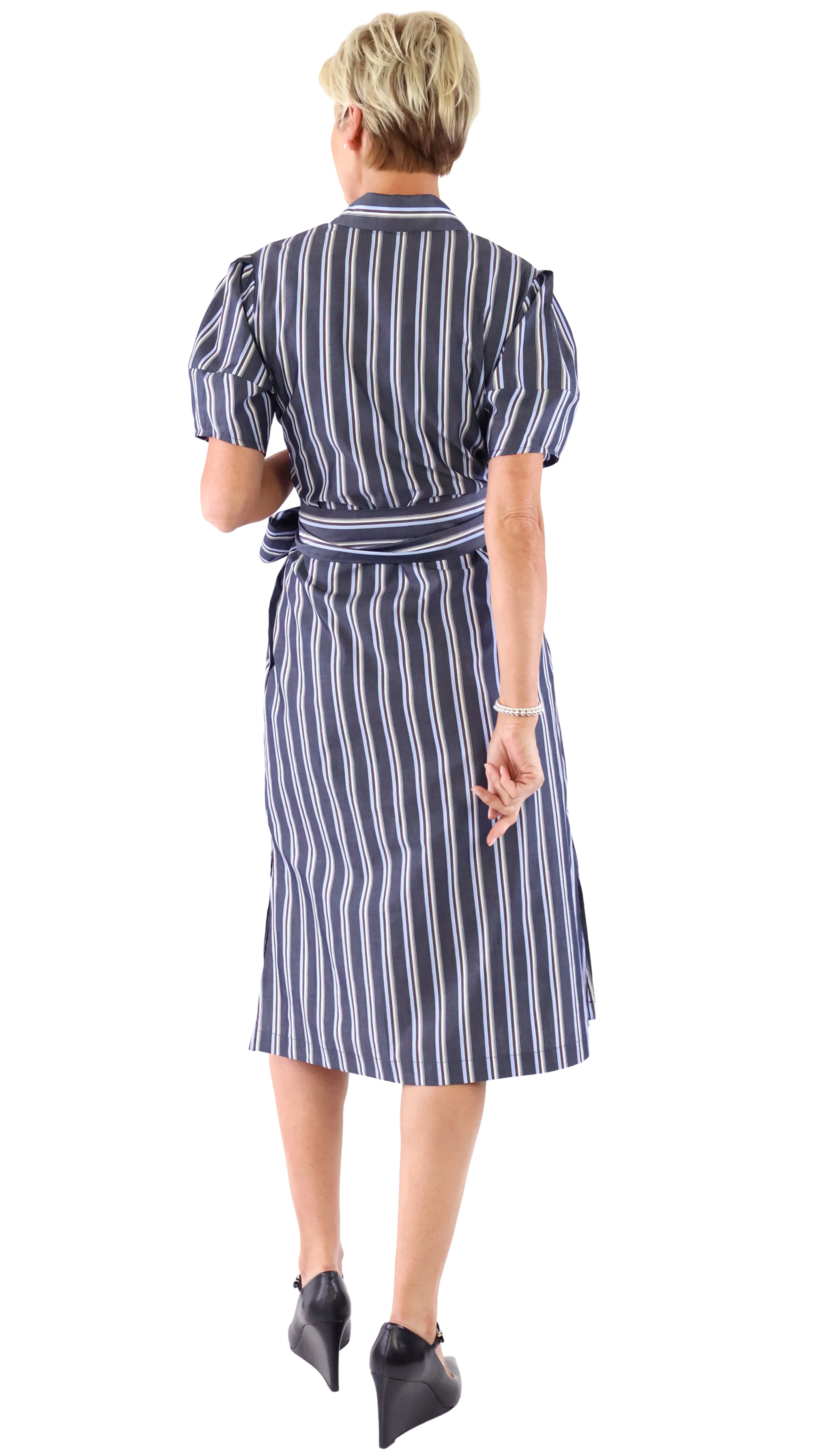 Pinstripe Shirt Dress - Navy/White/Wine