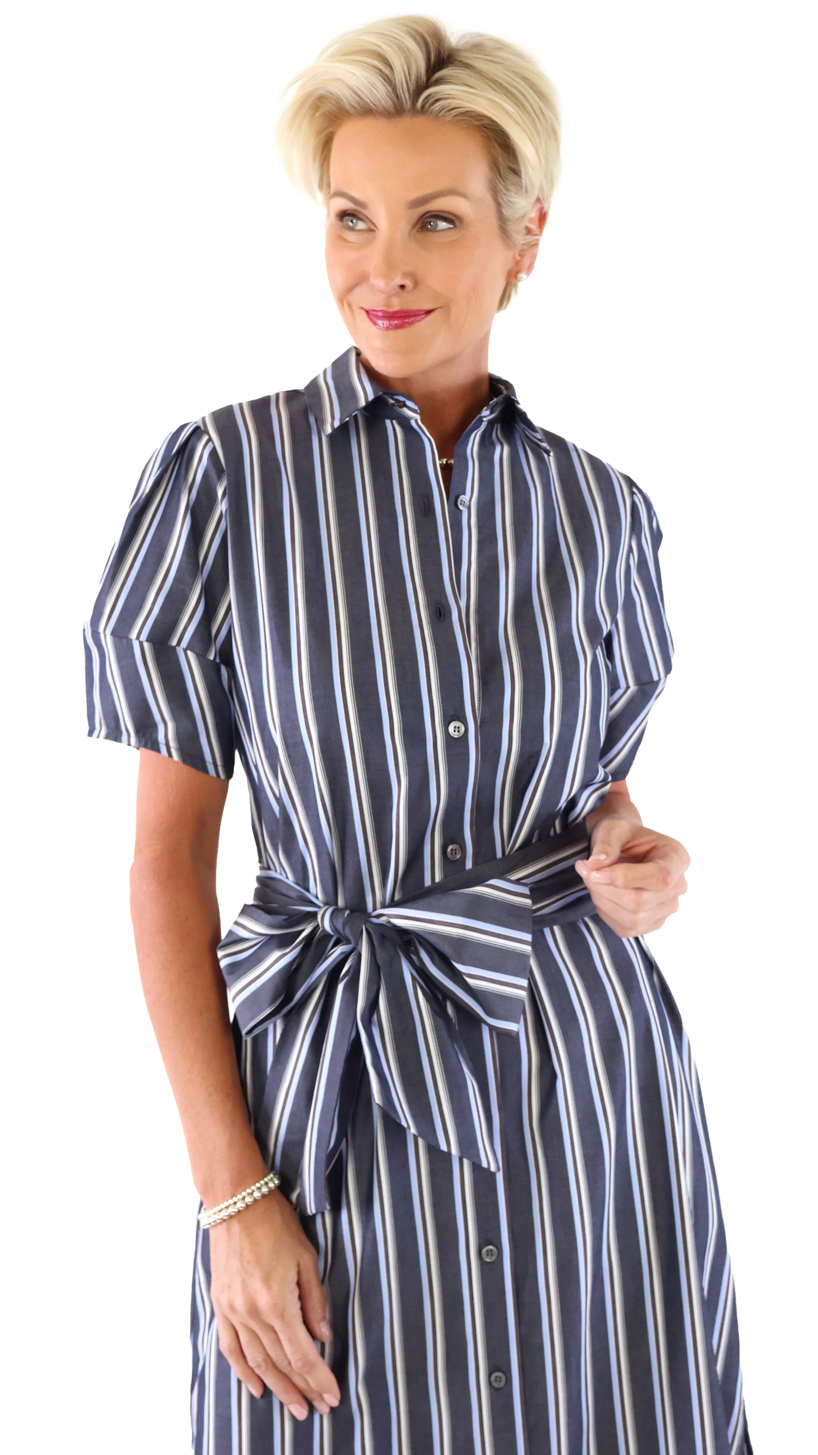 Pinstripe Shirt Dress - Navy/White/Wine