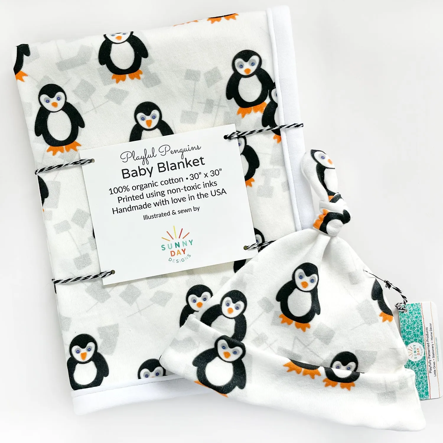 Playful Penguins Newborn Hat & Blanket Baby Gift Set