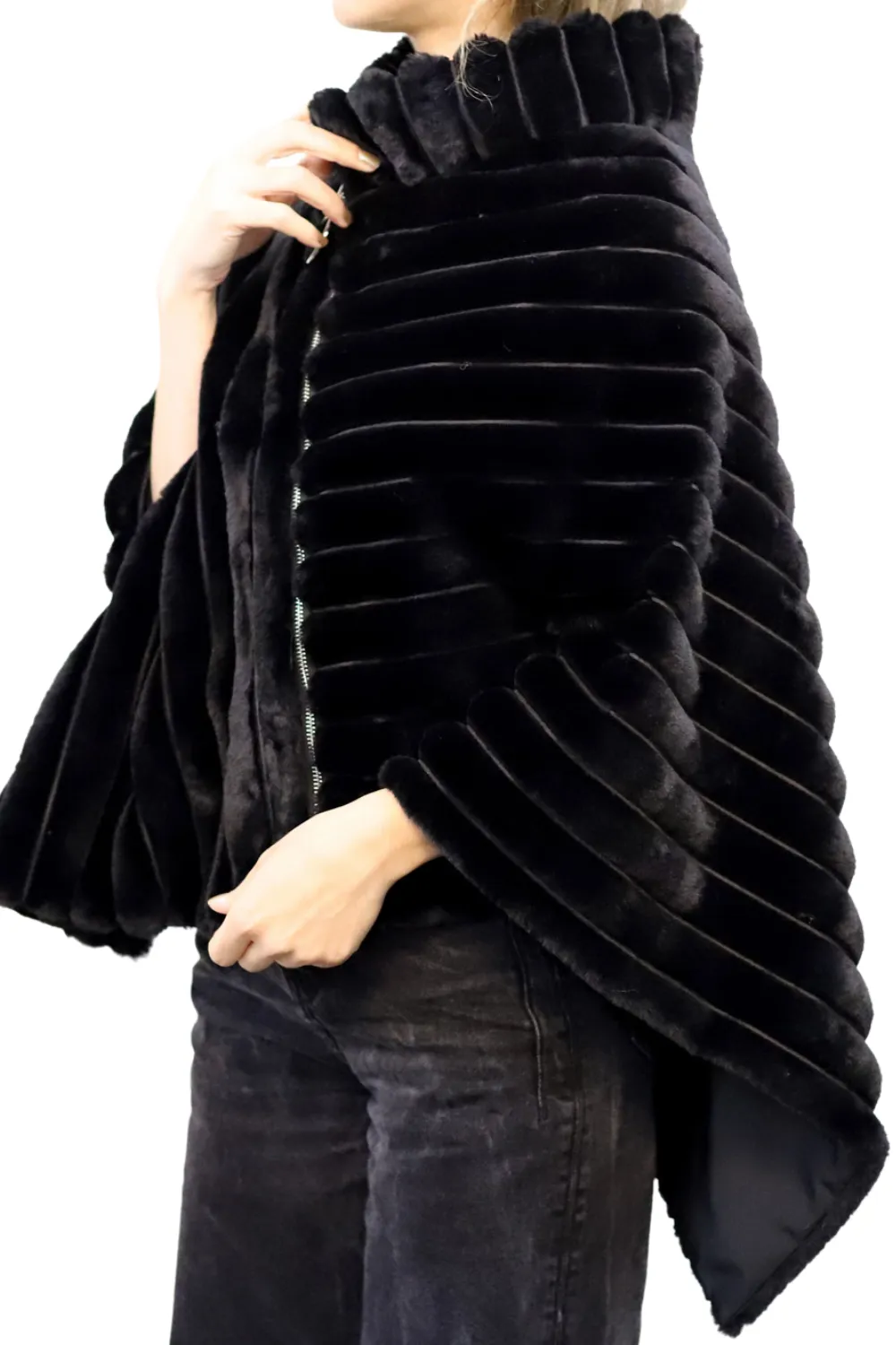 Plush Faux Poncho with Zipper Detail - Black