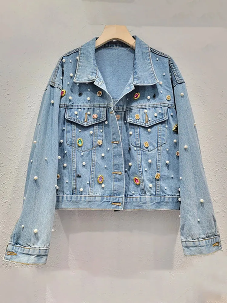 Pre Order:  Colorful Crystal Single Breasted Pearl Denim Jacket