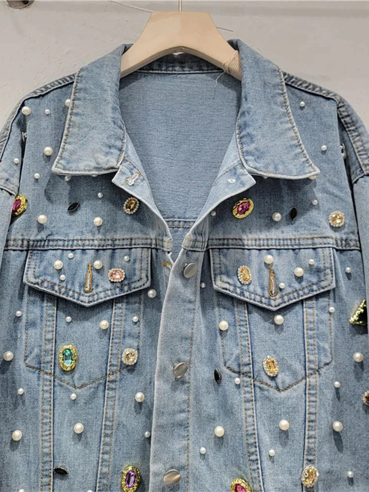 Pre Order:  Colorful Crystal Single Breasted Pearl Denim Jacket