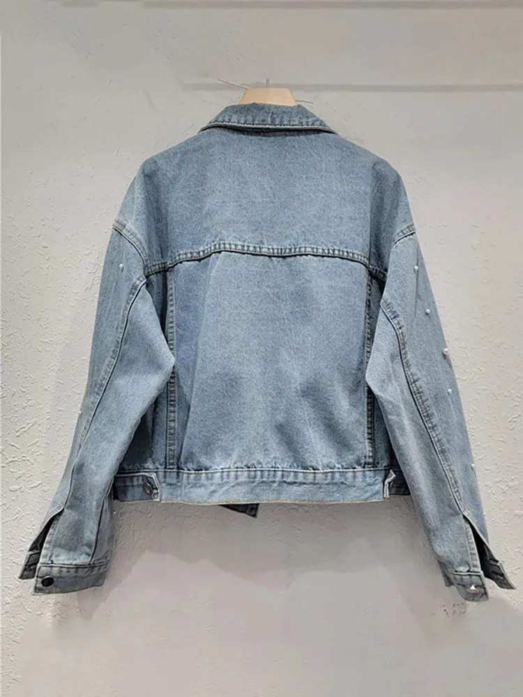 Pre Order:  Colorful Crystal Single Breasted Pearl Denim Jacket