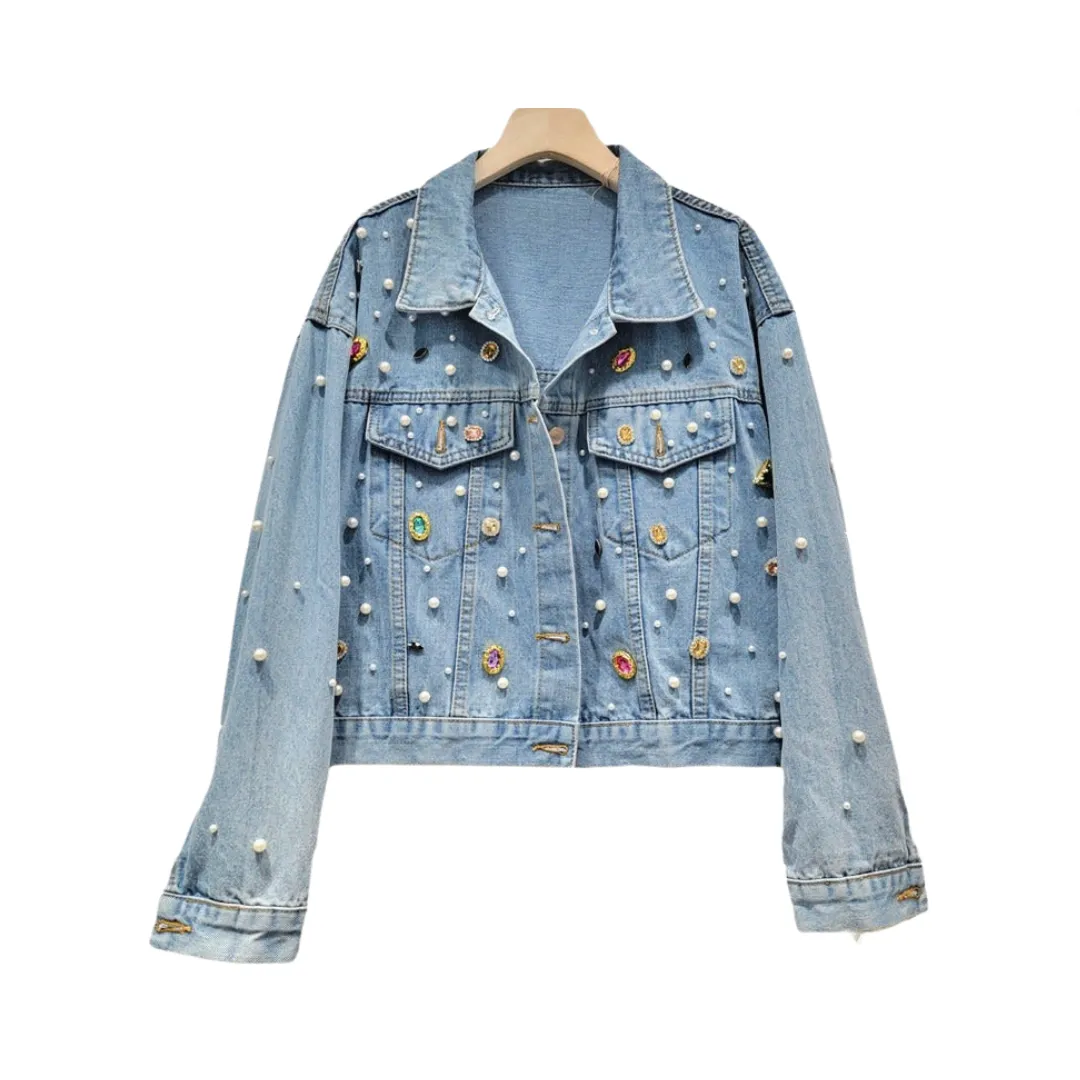 Pre Order:  Colorful Crystal Single Breasted Pearl Denim Jacket