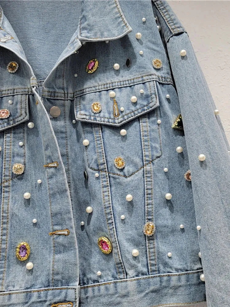 Pre Order:  Colorful Crystal Single Breasted Pearl Denim Jacket