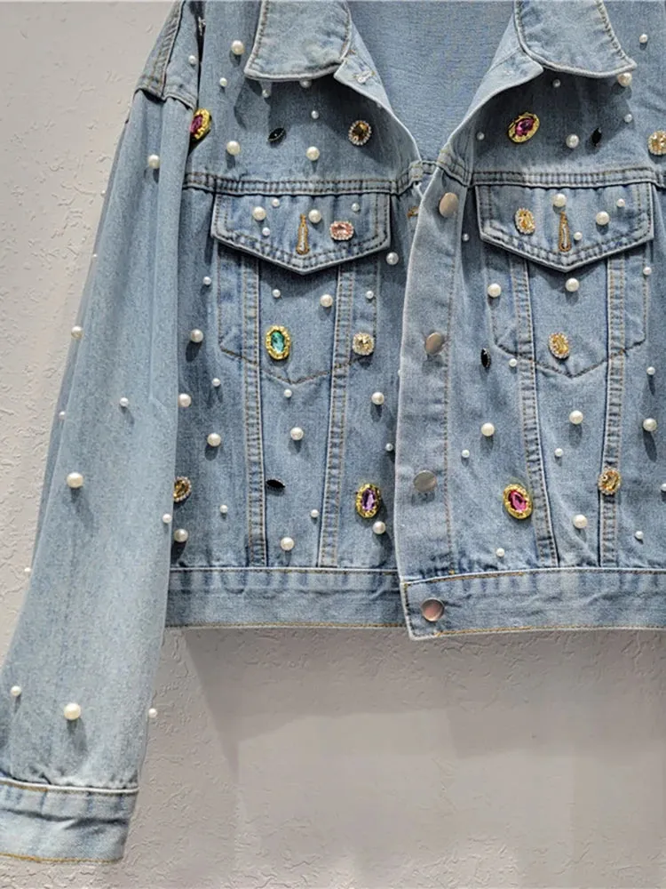 Pre Order:  Colorful Crystal Single Breasted Pearl Denim Jacket