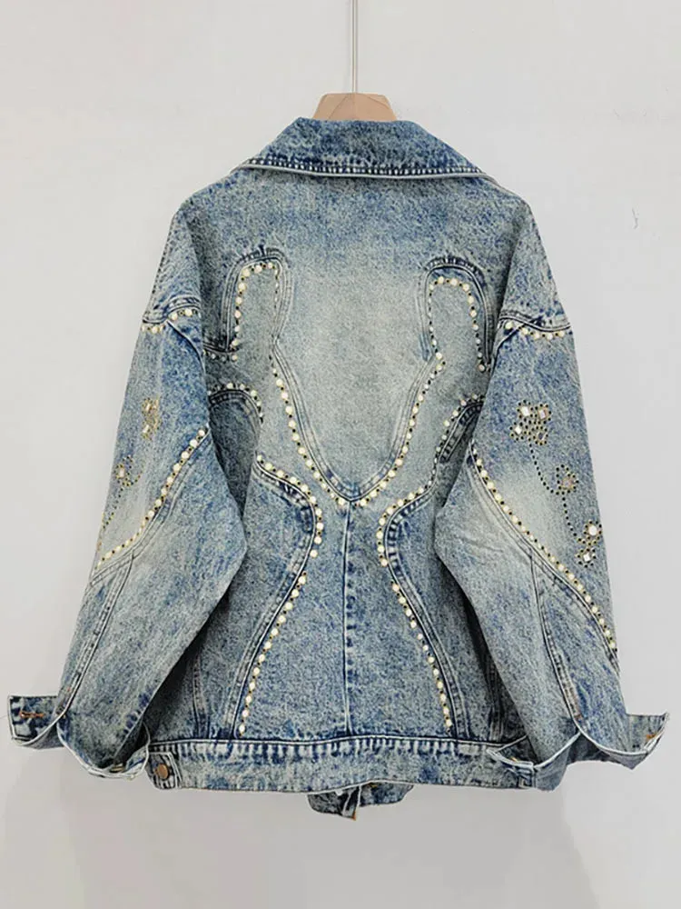 Pre Order:  Embroidered Flares Washed Retro Blue Loose Denim Jacket