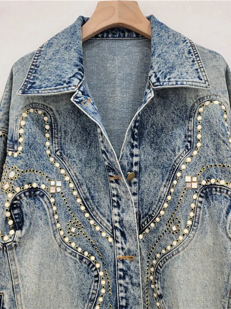 Pre Order:  Embroidered Flares Washed Retro Blue Loose Denim Jacket