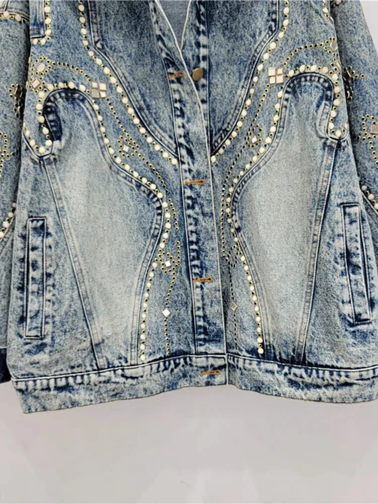 Pre Order:  Embroidered Flares Washed Retro Blue Loose Denim Jacket