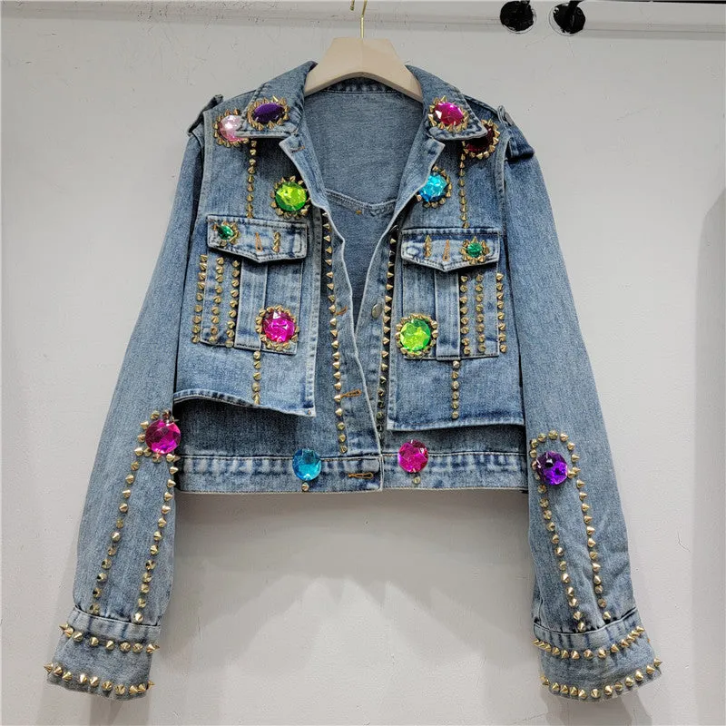 Pre Order:  Handmade Rhinestone Rivet Slim Fit Short Denim Jacket