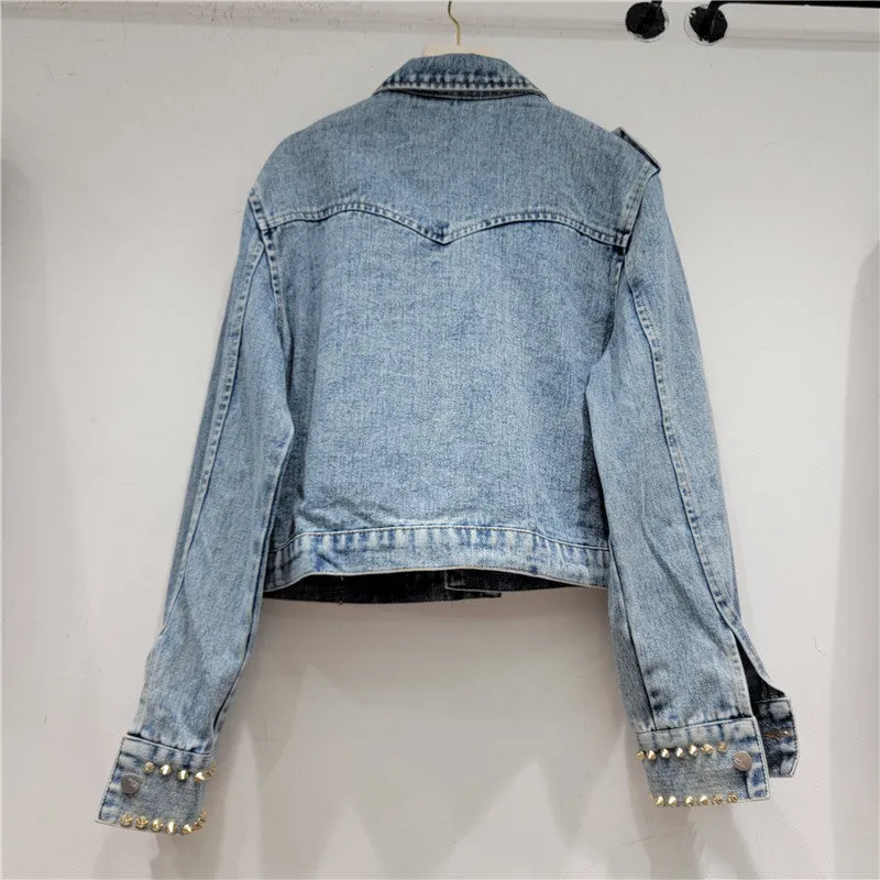 Pre Order:  Handmade Rhinestone Rivet Slim Fit Short Denim Jacket