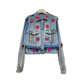 Pre Order:  Handmade Rhinestone Rivet Slim Fit Short Denim Jacket