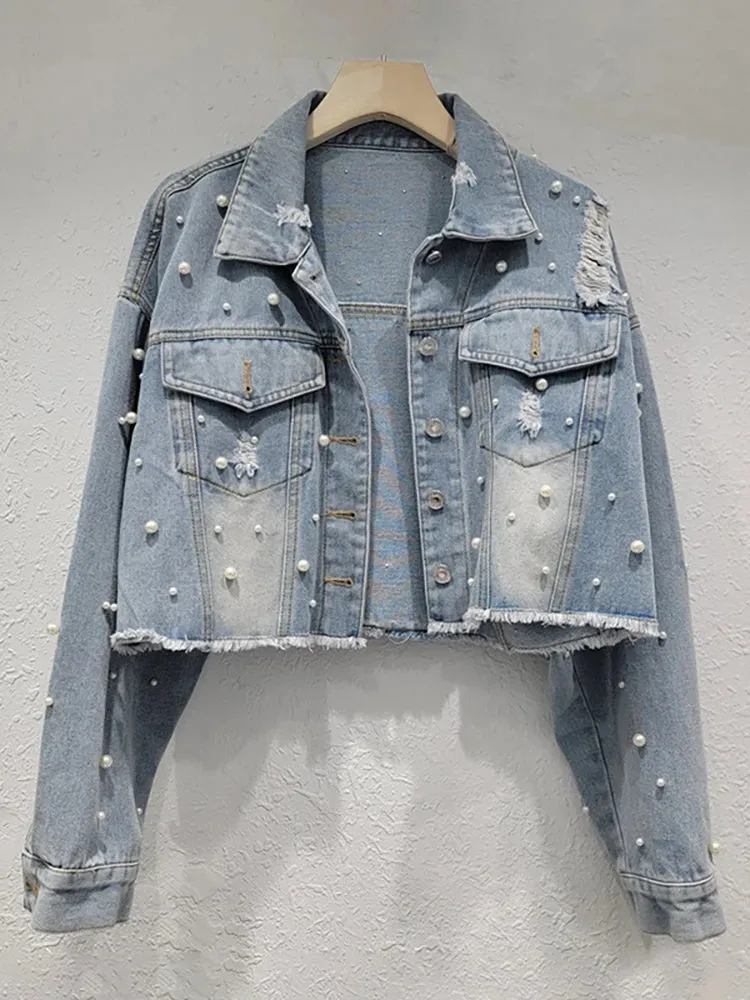 Pre Order:  Pearl Distressed Denim Washed Short Jacket