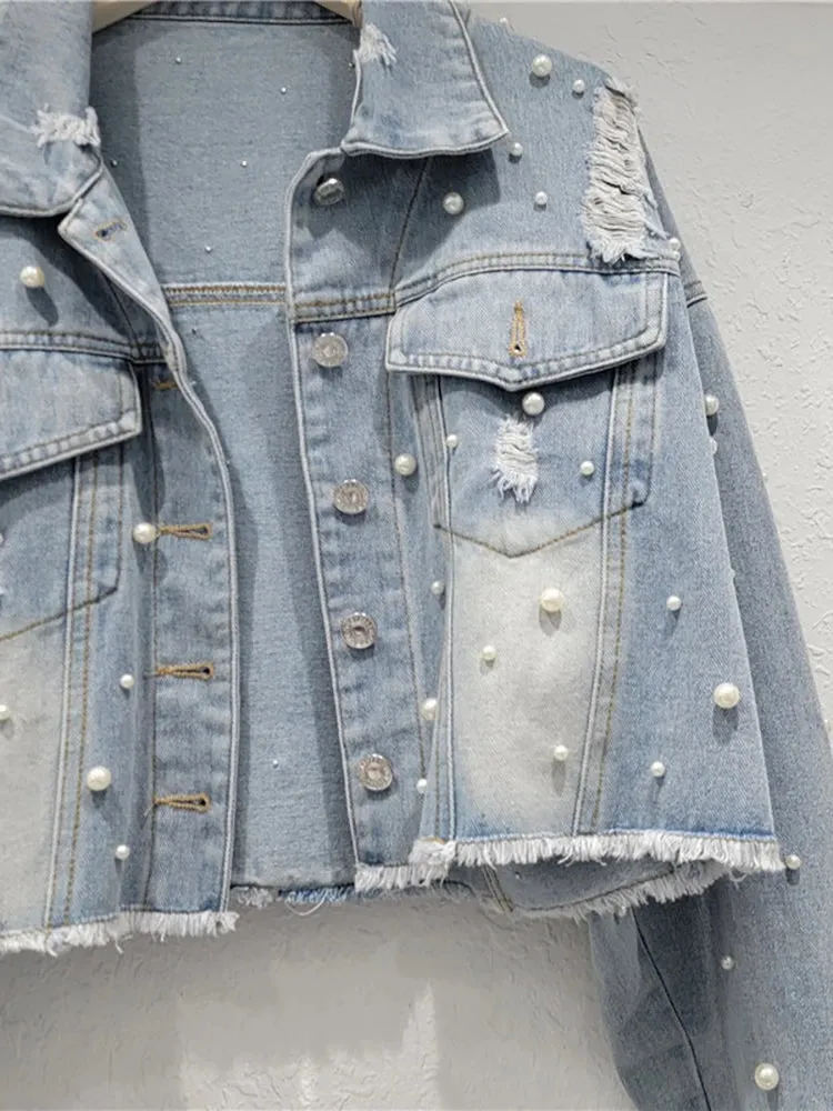 Pre Order:  Pearl Distressed Denim Washed Short Jacket