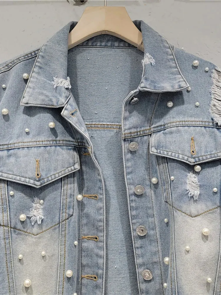 Pre Order:  Pearl Distressed Denim Washed Short Jacket