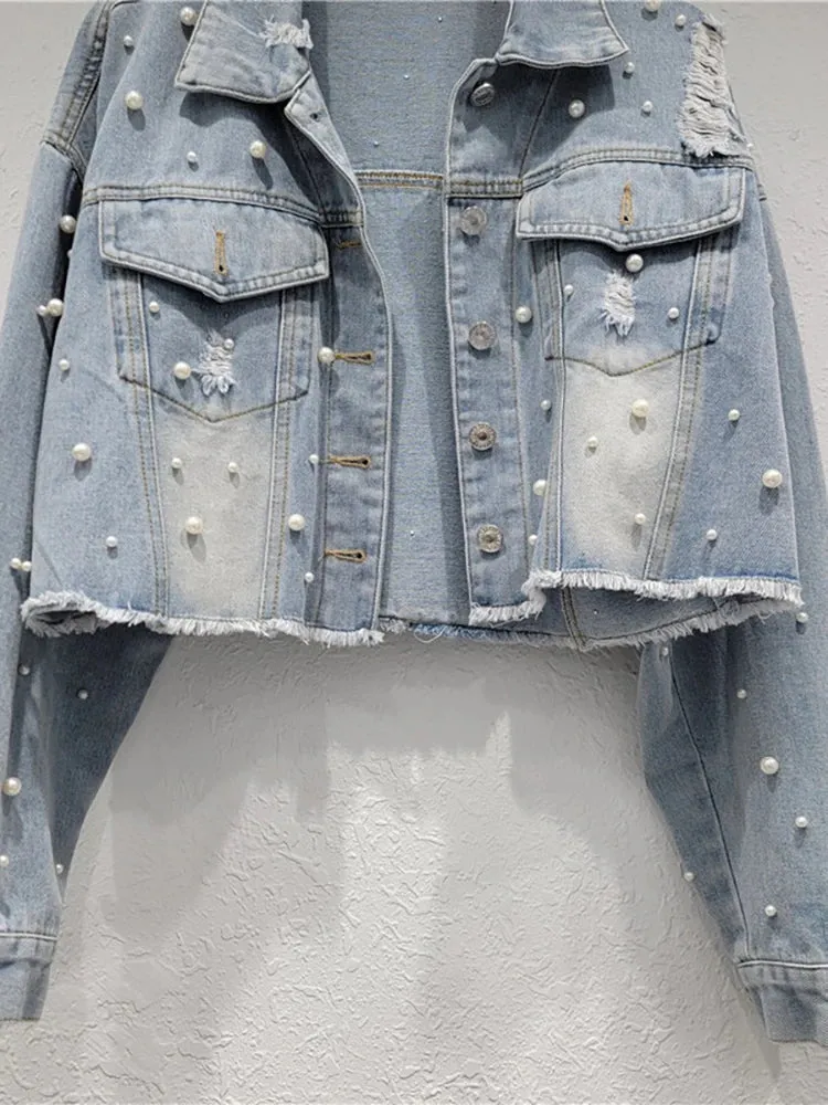 Pre Order:  Pearl Distressed Denim Washed Short Jacket