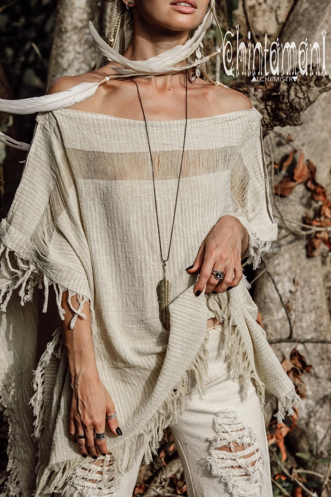 Raw Cotton Bohemian Poncho Top / Off Shoulder / Beige & White