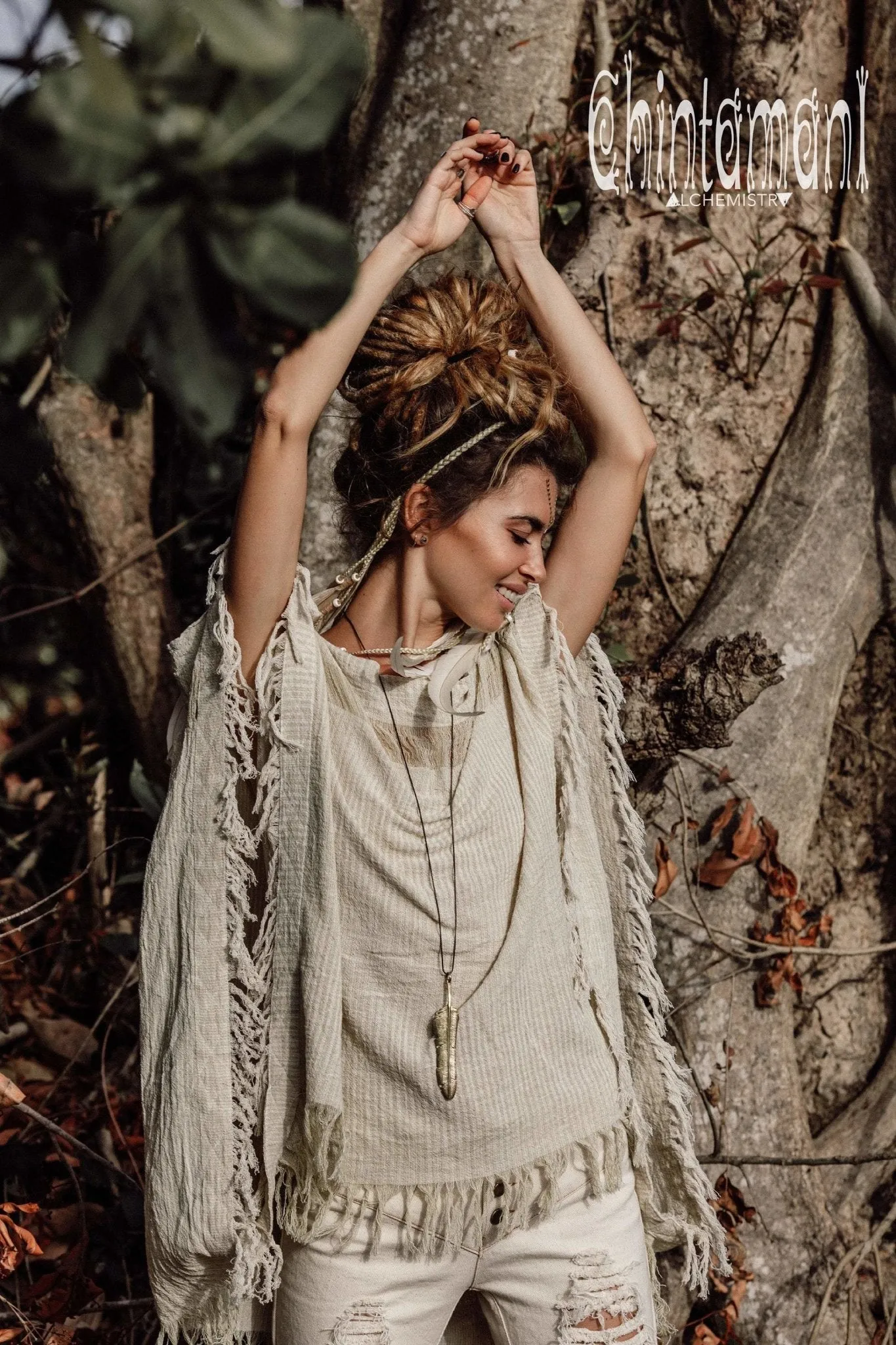 Raw Cotton Bohemian Poncho Top / Off Shoulder / Beige & White