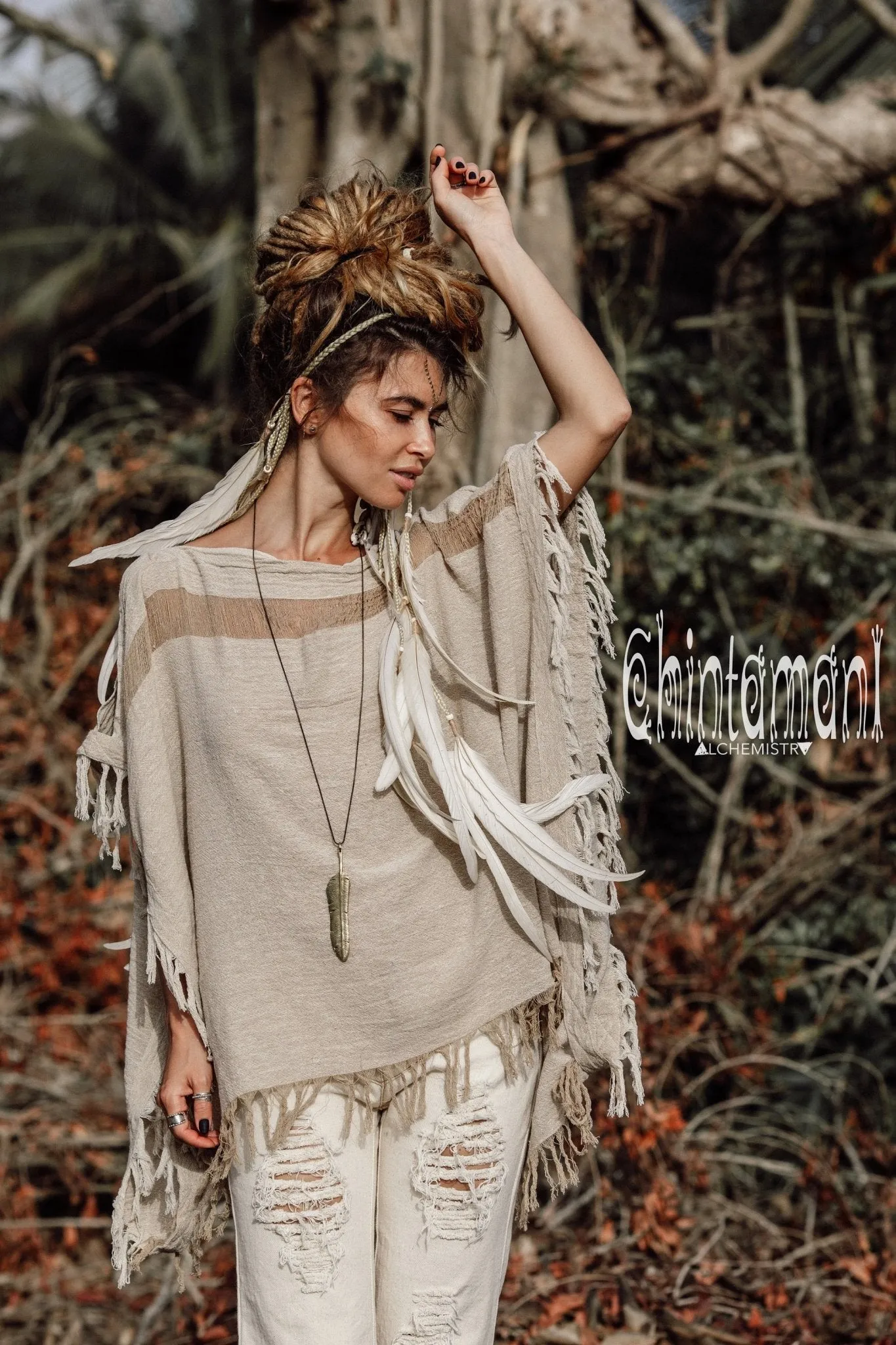 Raw Cotton Bohemian Poncho Top / Off Shoulder / Beige