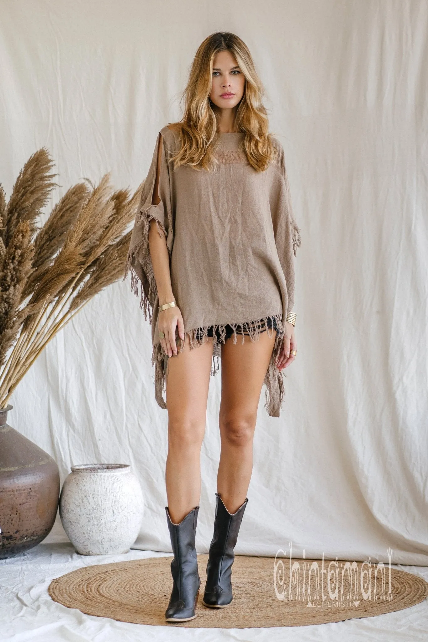 Raw Cotton Bohemian Poncho Top / Off Shoulder / Coffee