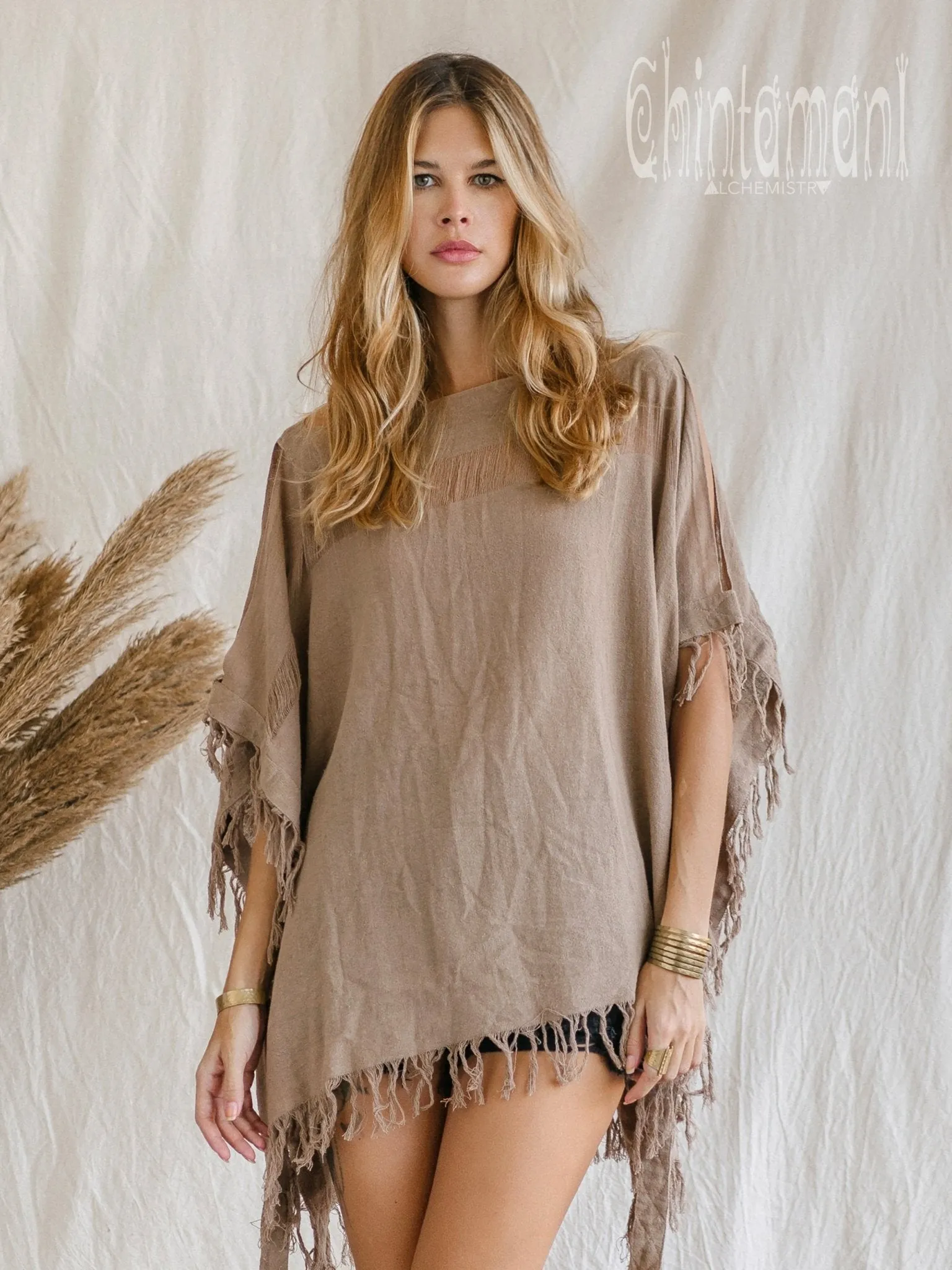 Raw Cotton Bohemian Poncho Top / Off Shoulder / Coffee