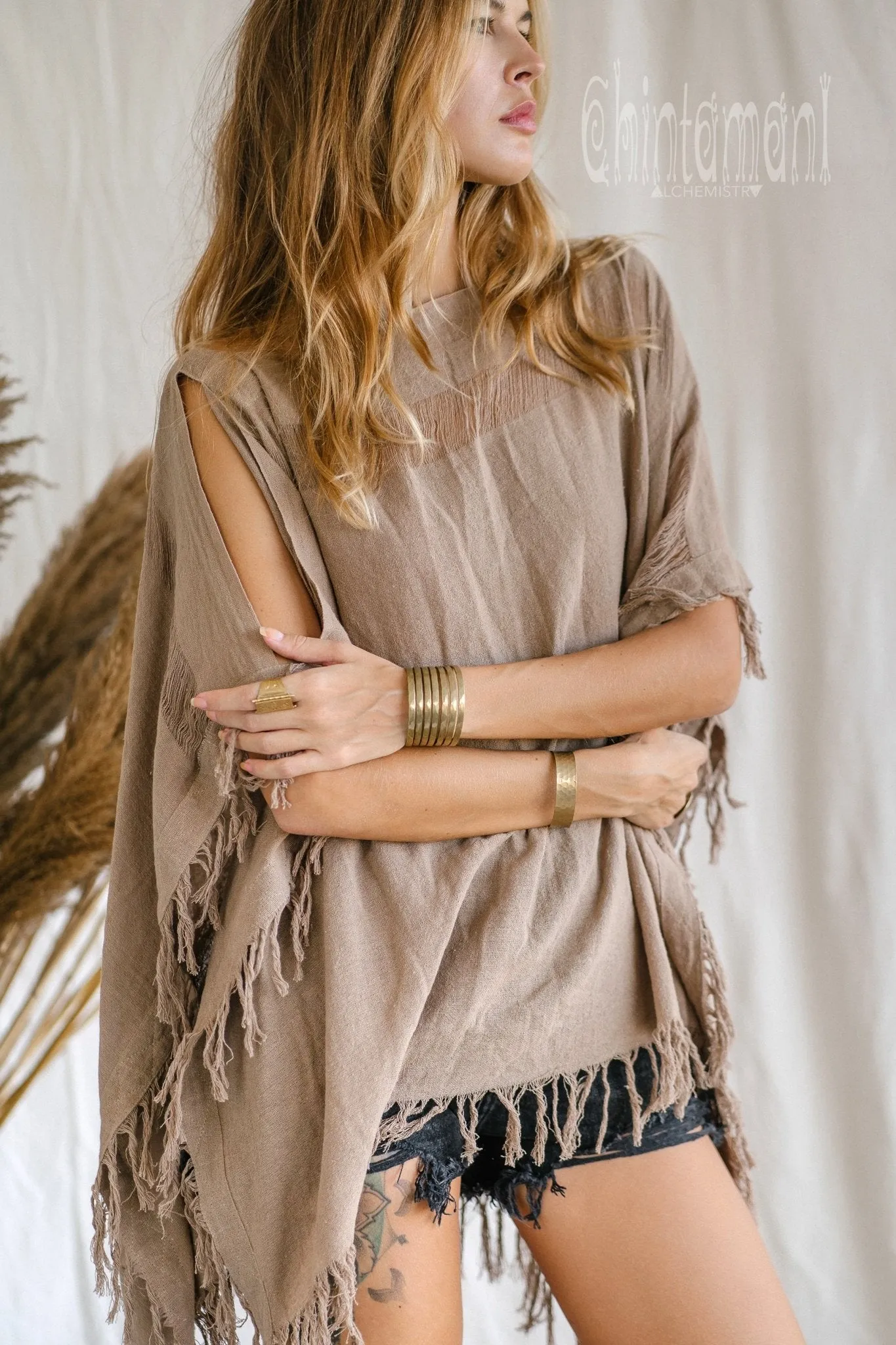 Raw Cotton Bohemian Poncho Top / Off Shoulder / Coffee