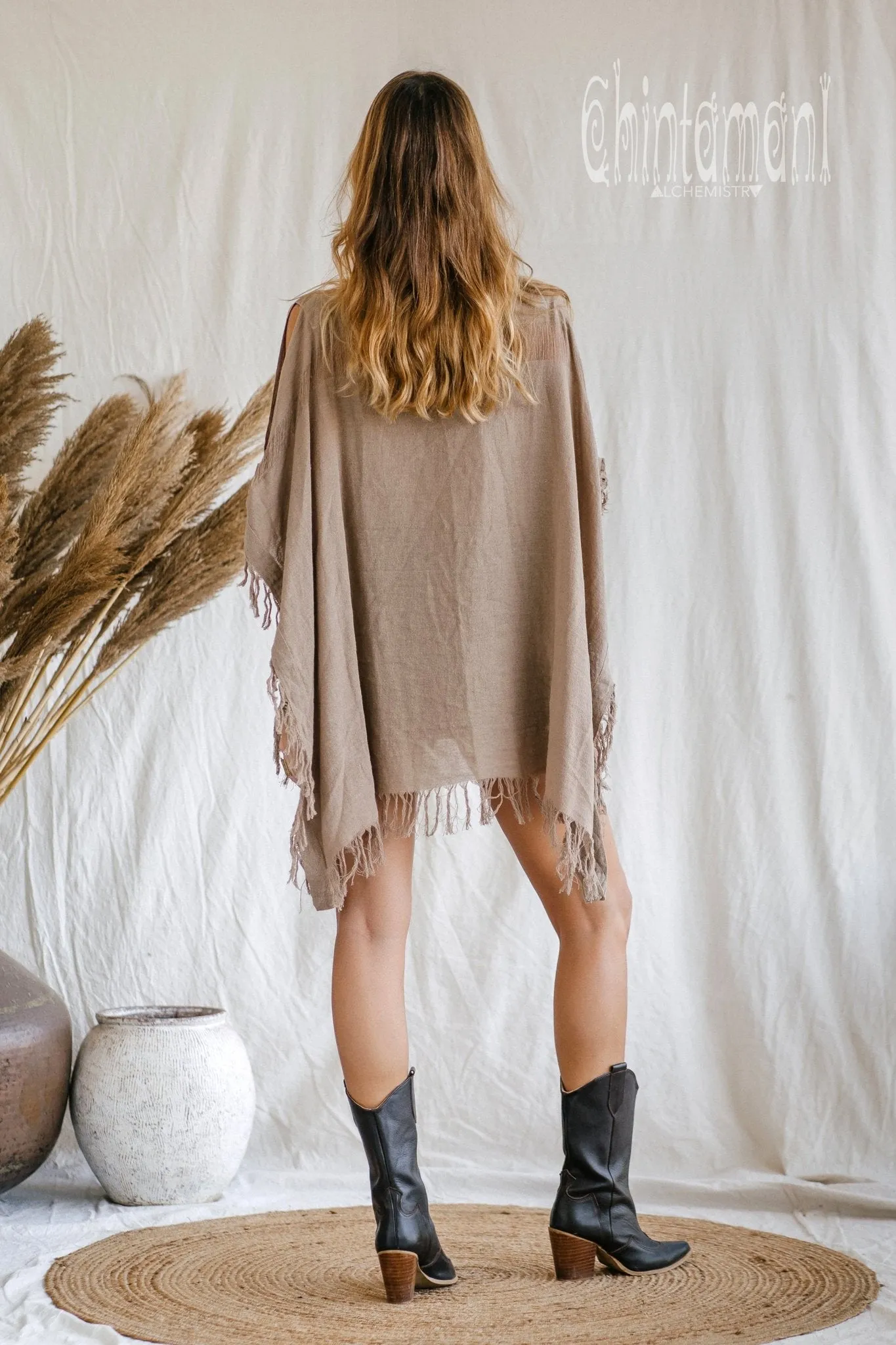 Raw Cotton Bohemian Poncho Top / Off Shoulder / Coffee