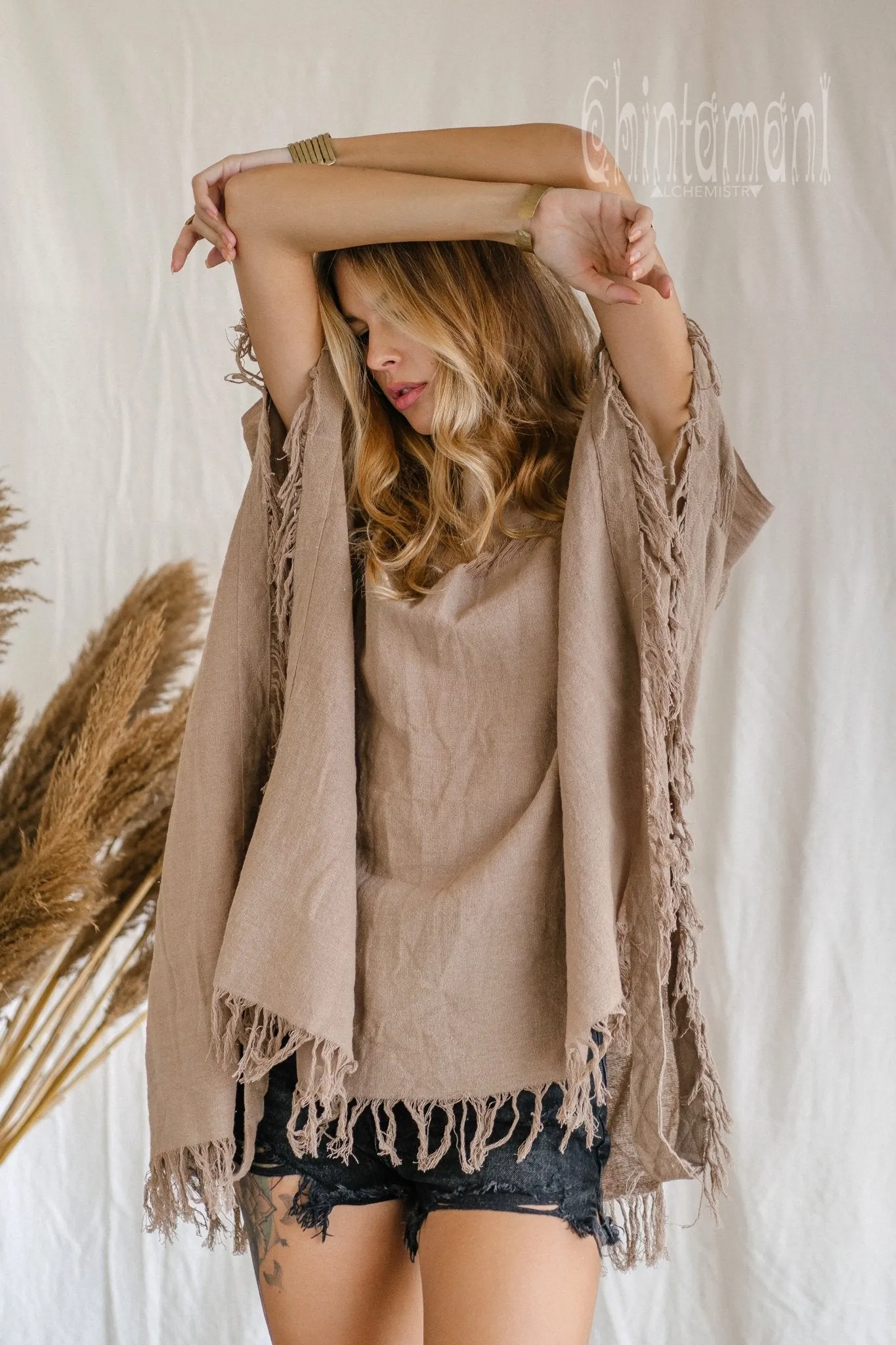 Raw Cotton Bohemian Poncho Top / Off Shoulder / Coffee