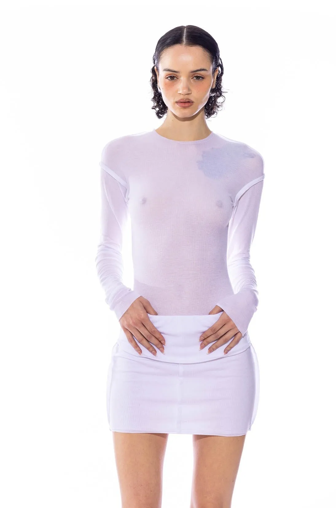 RAW CREWNECK BODYSUIT IN WHITE RIB