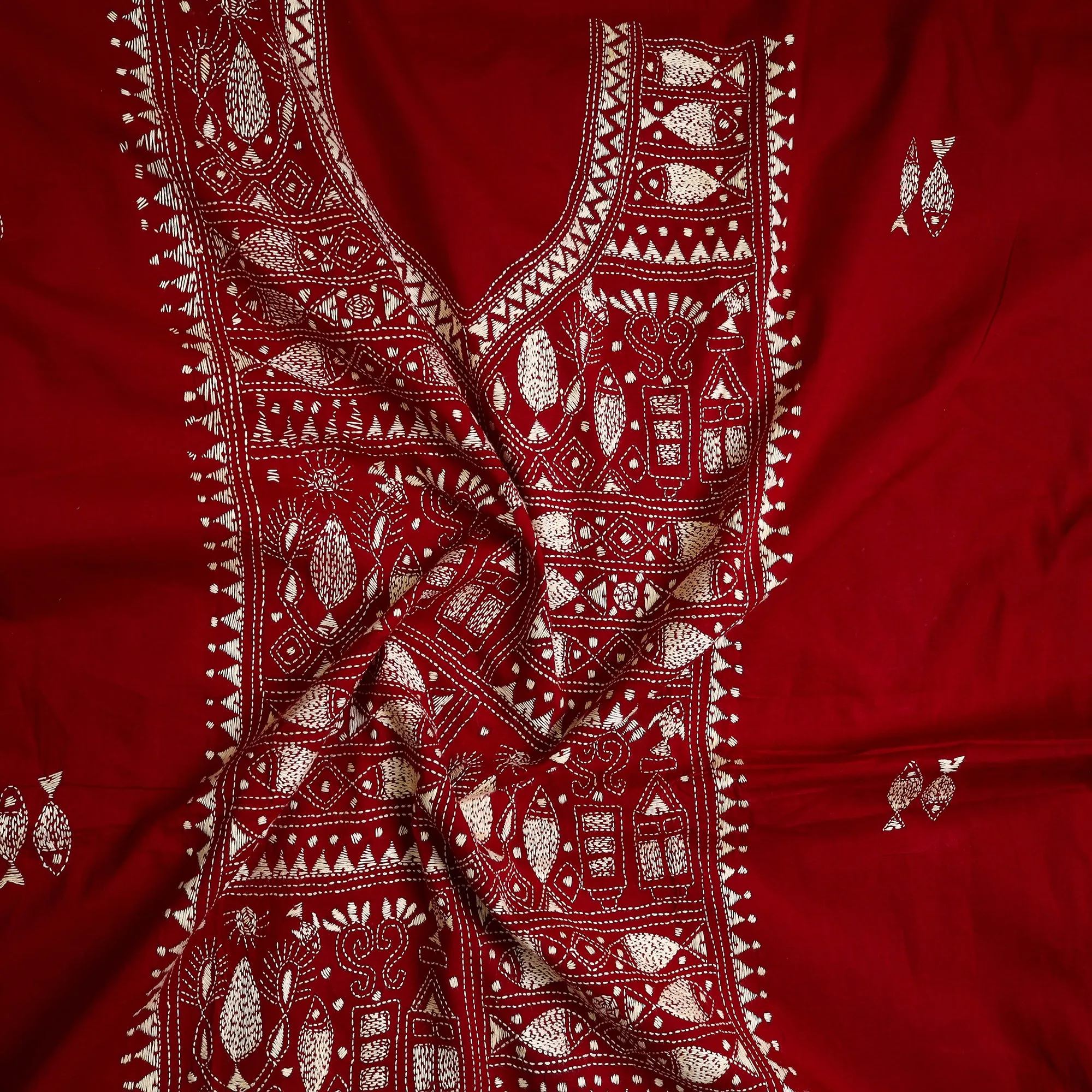 Red - Bengal Kantha Embroidery Cotton Kurta Material - (2.75m) 51