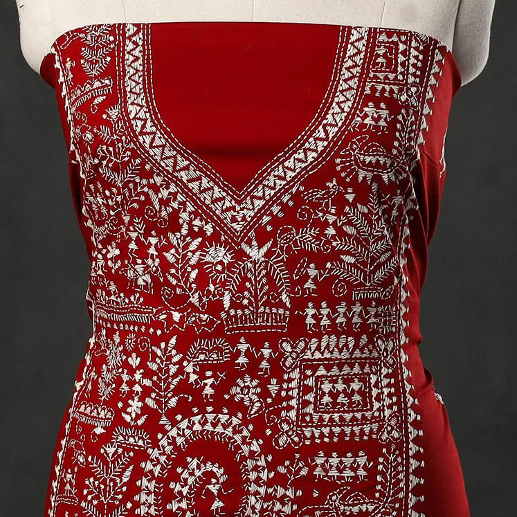 Red - Bengal Kantha Embroidery Cotton Kurta Material - (2.7m) 44